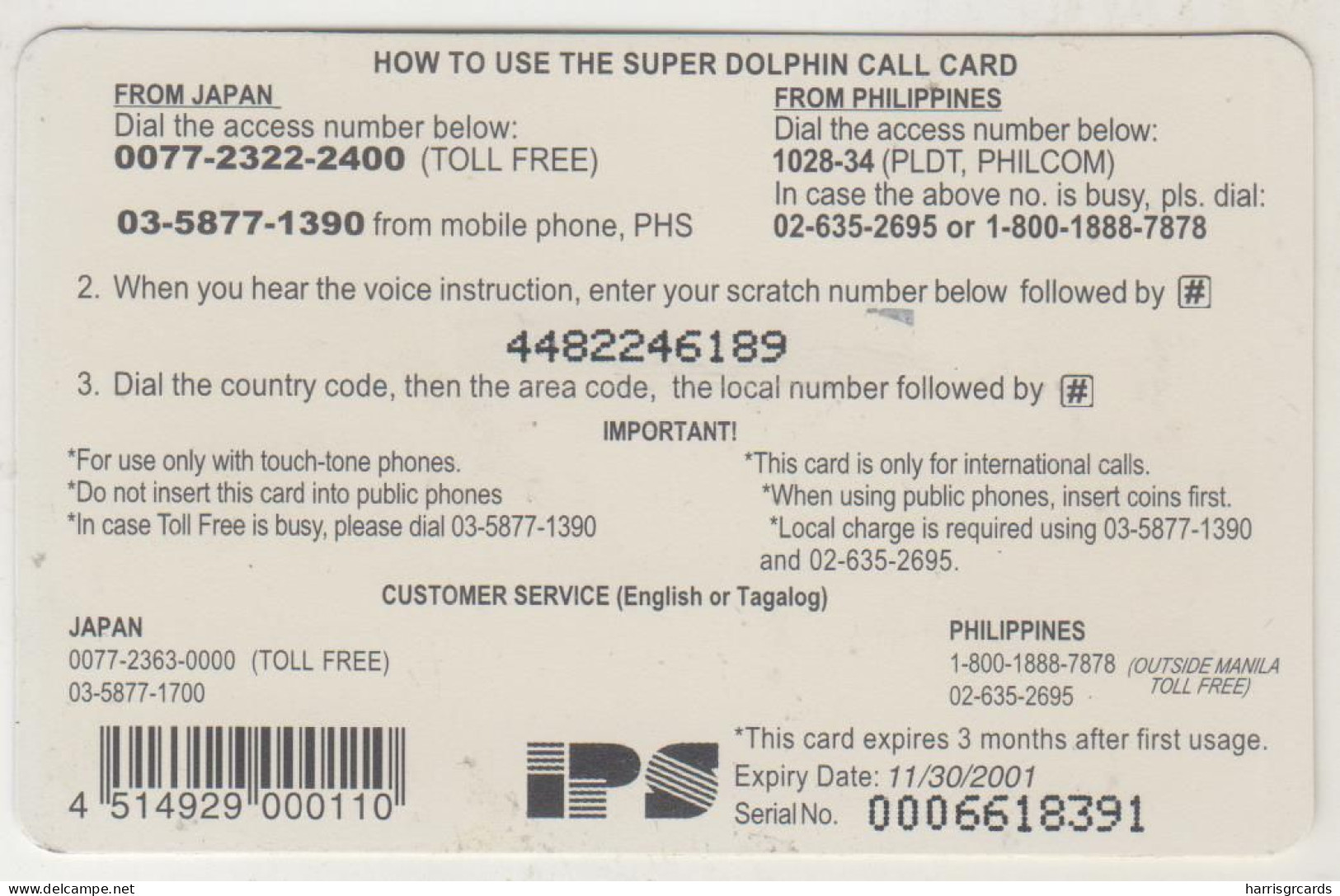 JAPAN - Dolphins , Super Dolphin Call Prepaid Card, 1,000 ¥, Used - Japon