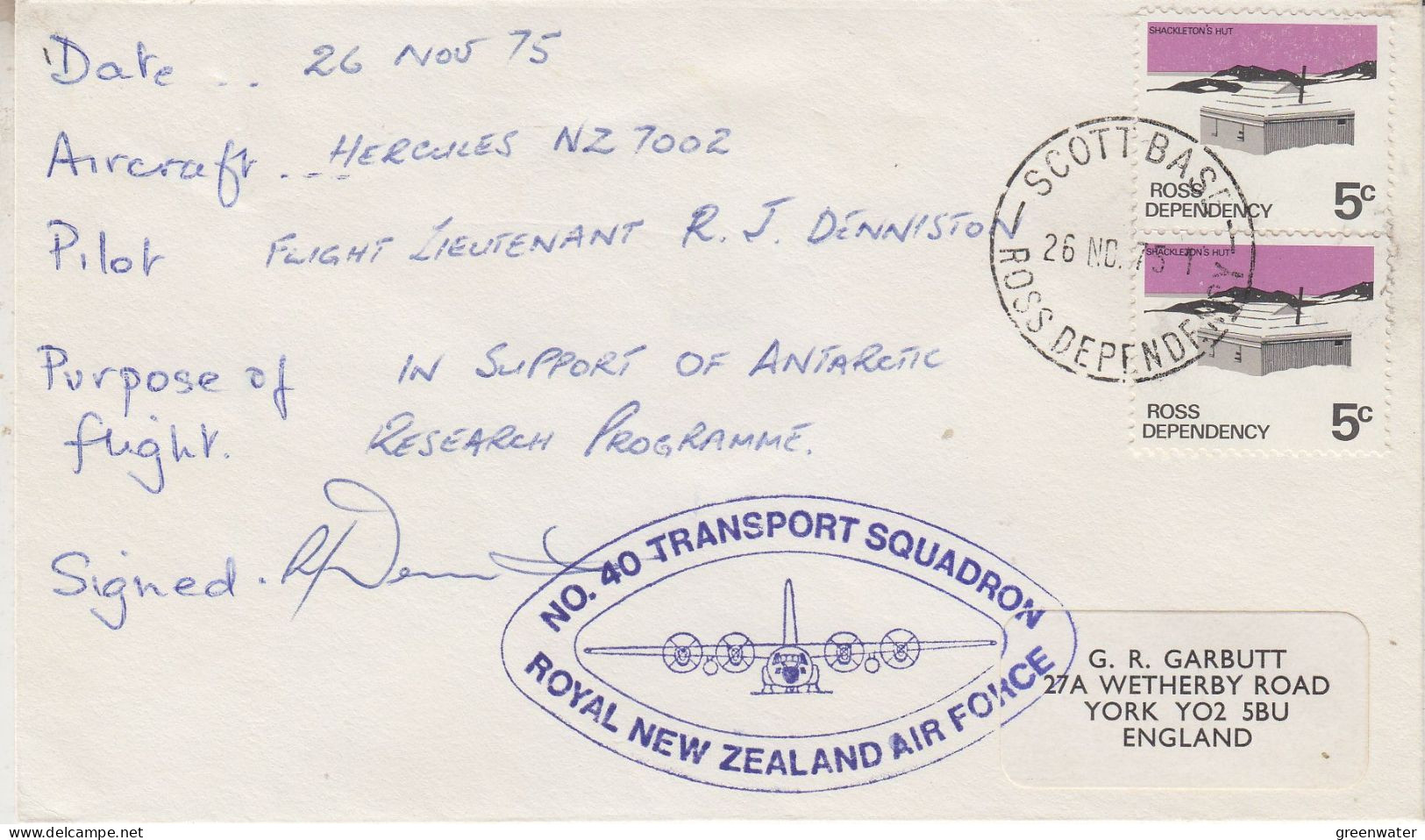 Ross Dependency  Antarctic Flight In Support Antarctic Research Programme Signature 26 NOV 1975  (ZO241) - Covers & Documents