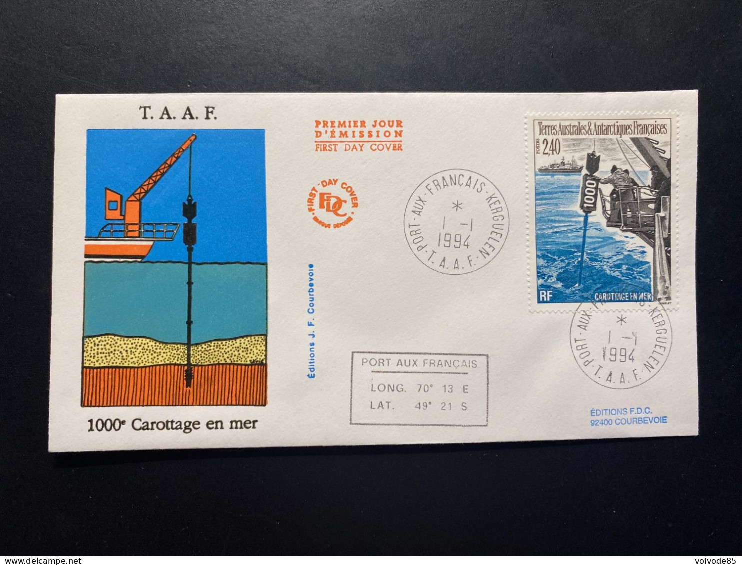 Enveloppe 1er Jour "1000e Carottage En Mer - Marion Dufresne" 01/01/1994 - 187 - TAAF - FDC