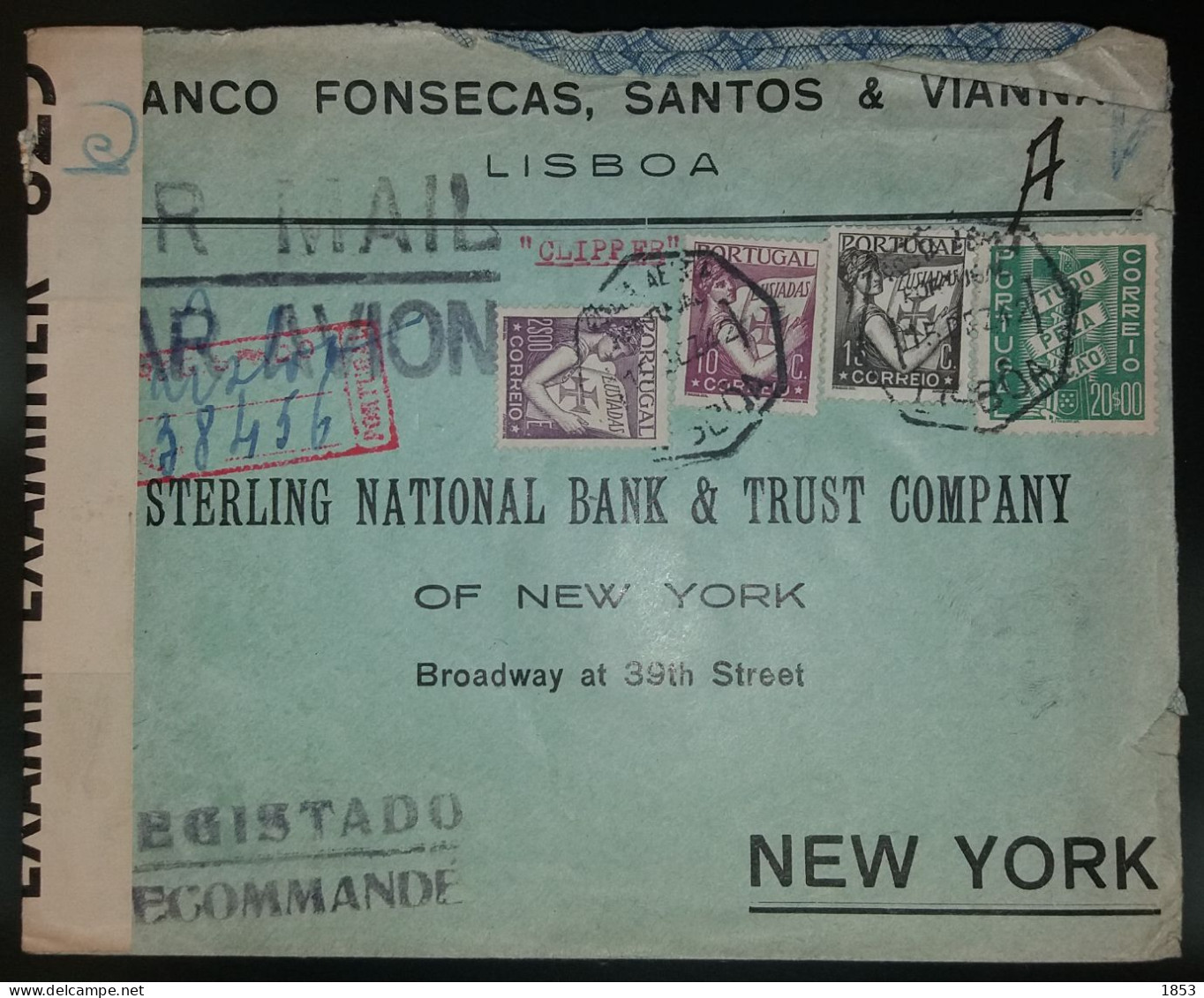 CORREIO AÉREO - REGISTADO - WWII - CENSURAS - DESTINO A NOVA YORK (PORTE 22$25) - Storia Postale