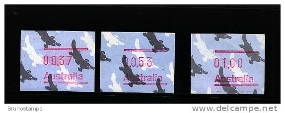 AUSTRALIA - 1987  FRAMAS  PLATYPUS  NO  POSTCODE   BUTTON SET (37c.-53c.-$1)  MINT NH - Machine Labels [ATM]