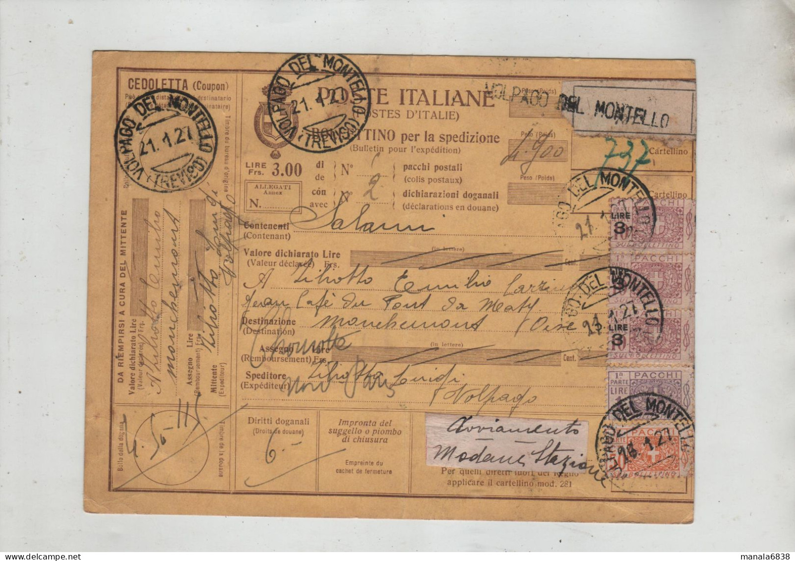Poste Italiane 1927 Salami Modane Volpago Del Montello Juliotto Mouchemont PLM à Identifier - Other & Unclassified