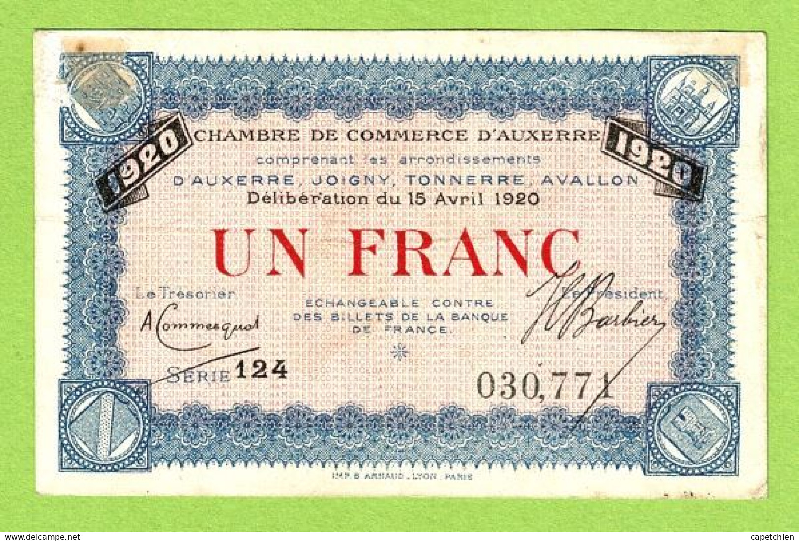 FRANCE / AUXERRE / 1 FRANC / 15 AVRIL 1920 / N° 030771 / SERIE   124 - Chamber Of Commerce