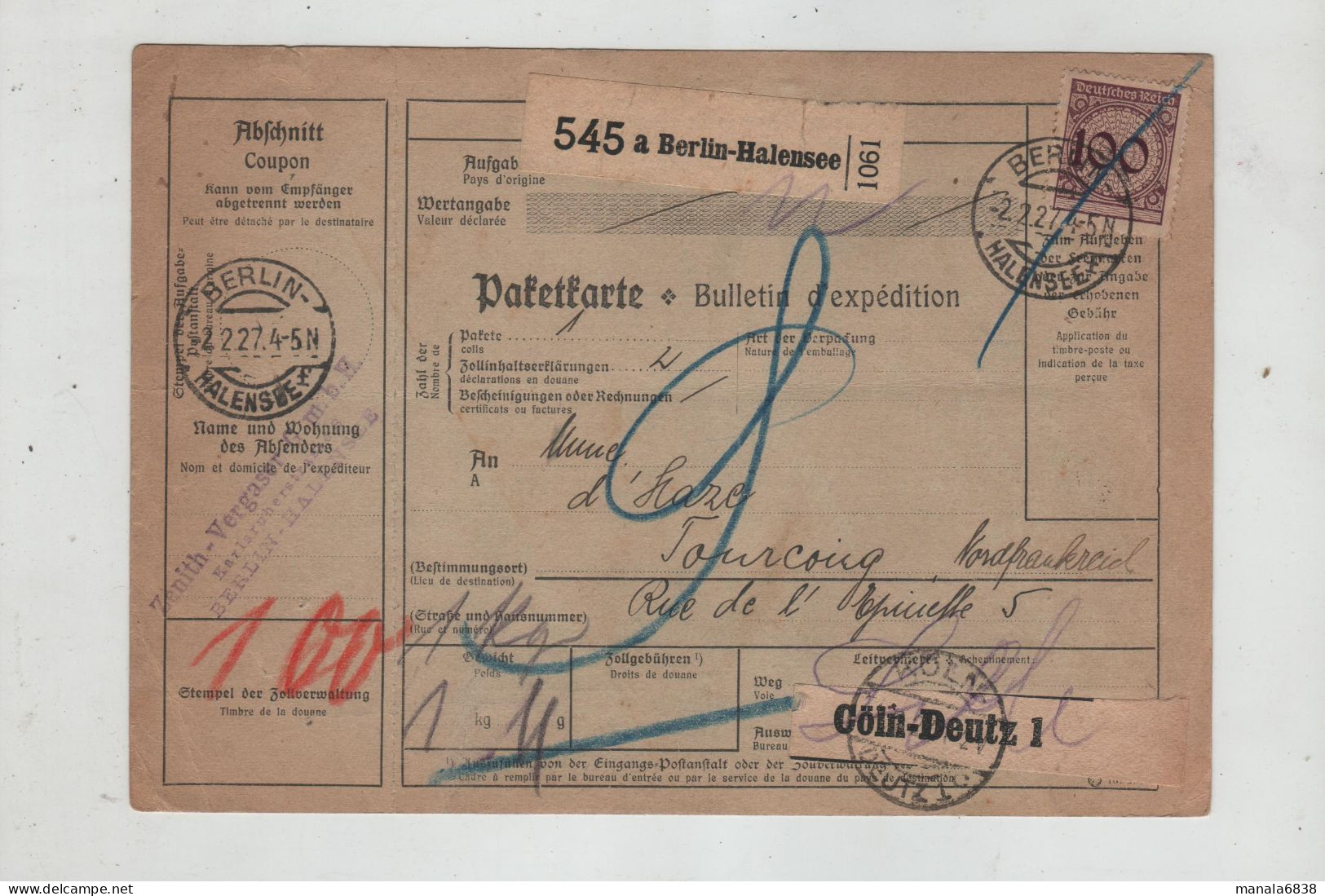 Berlin Halensee 1927 D'Haze Tourcoing Coln Deutz - Other & Unclassified