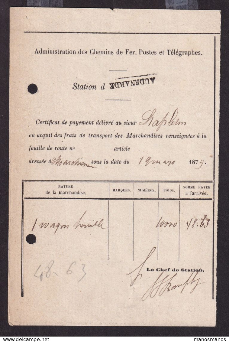 DDFF 777 - Chemins De Fer De L' Etat - Certificat De Payement Des Frais De Transport 1879 - Station D' AUDENARDE - Autres & Non Classés