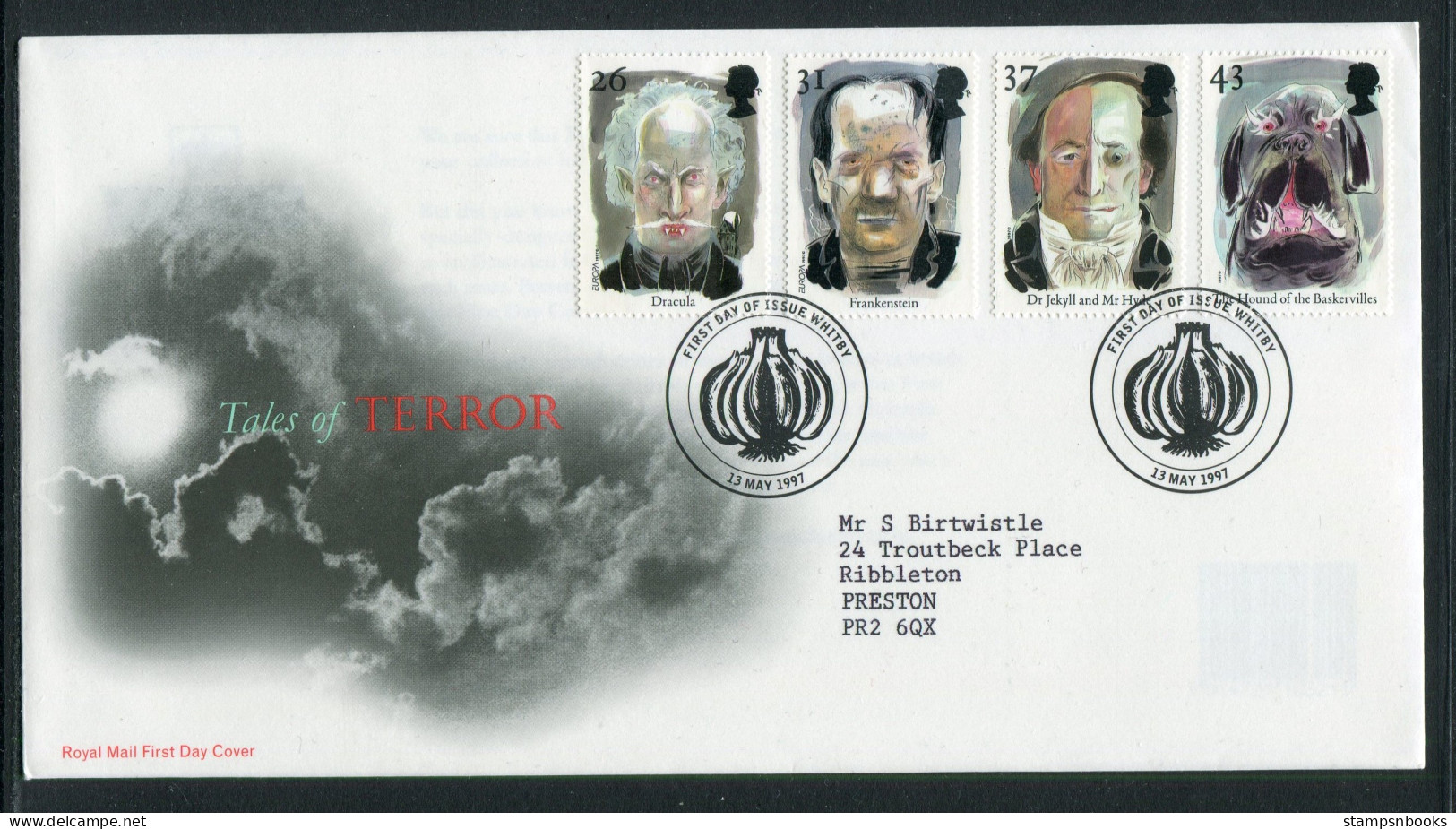 1997 GB Tales Of Terror First Day Cover, Frankenstein Dracula, Hound Of The Baskervilles, Jekyll & Hyde, Whitby  FDC - 1991-2000 Dezimalausgaben