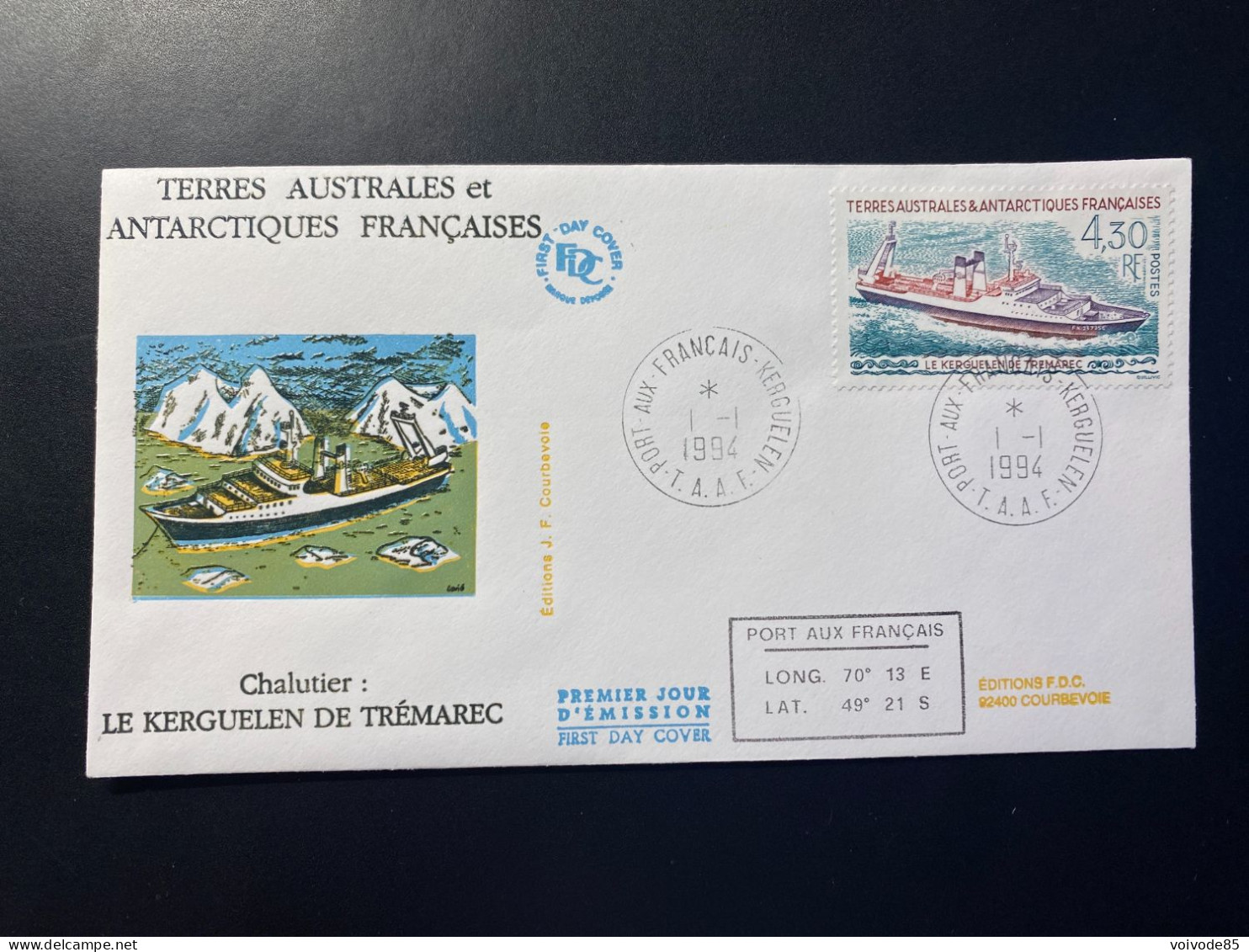 Enveloppe 1er Jour "Chalutier - Le Kerguelen De Trémarec" 01/01/1994 - 191 - TAAF - Iles Kerguelen - FDC