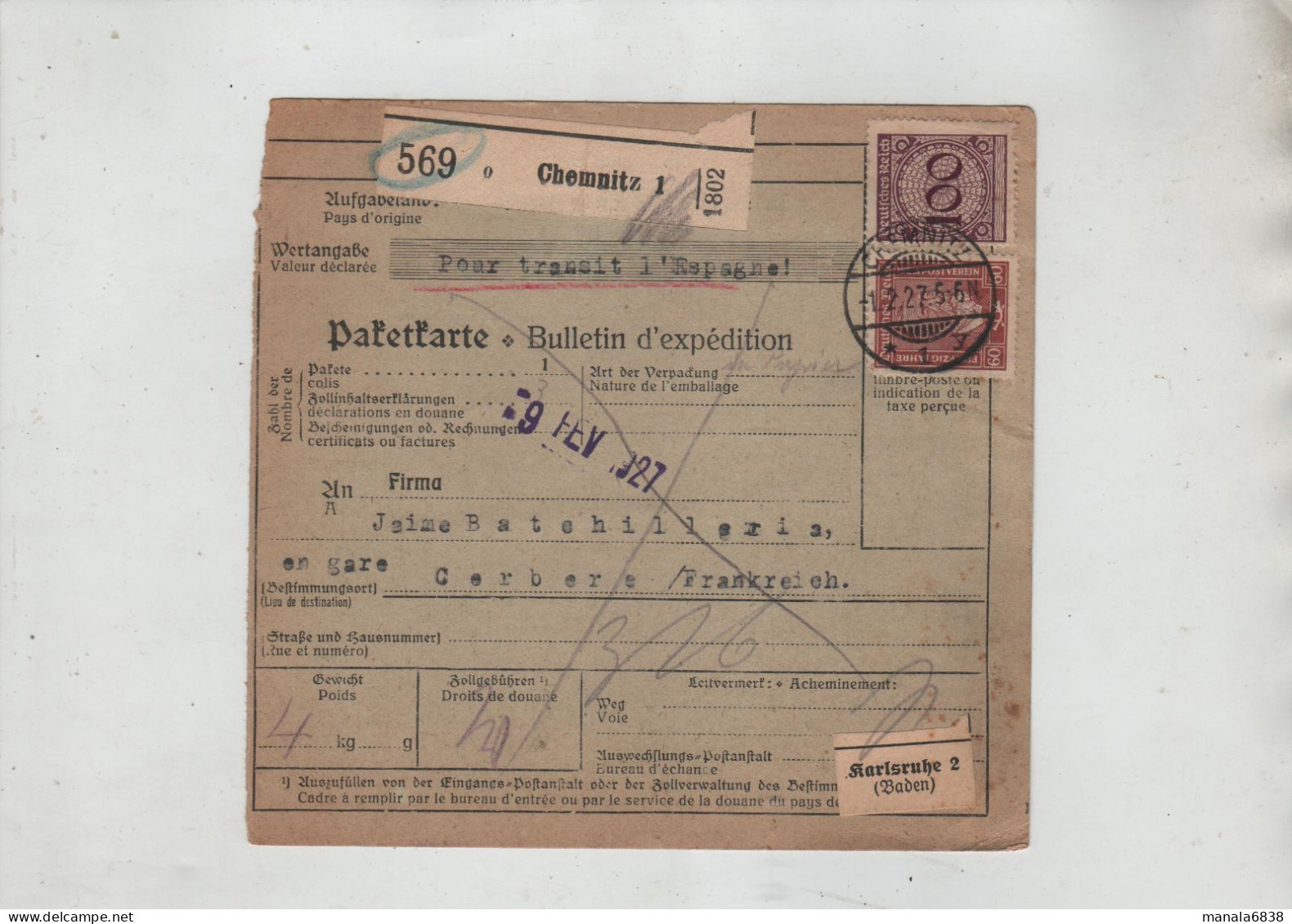 Chemnitz Transit Espagne 1927 Jaime Batchilleria Cerbère Karlsruhe à Identifier - Autres & Non Classés