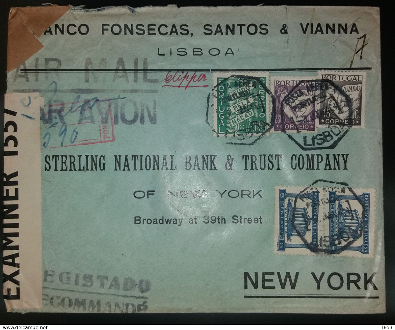 CORREIO AÉREO -REGISTADO -  WWII - CENSURAS - DESTINO A NOVA YORK - PORTE 22$25 - Lettres & Documents
