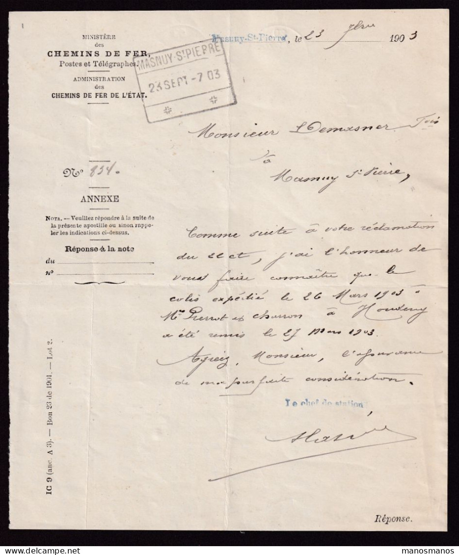 DDFF 778 - Chemins De Fer De L' Etat - Courrier Du Chef De Station De MASNUY ST PIERRE 1903- Cachet De La Gare - Altri & Non Classificati