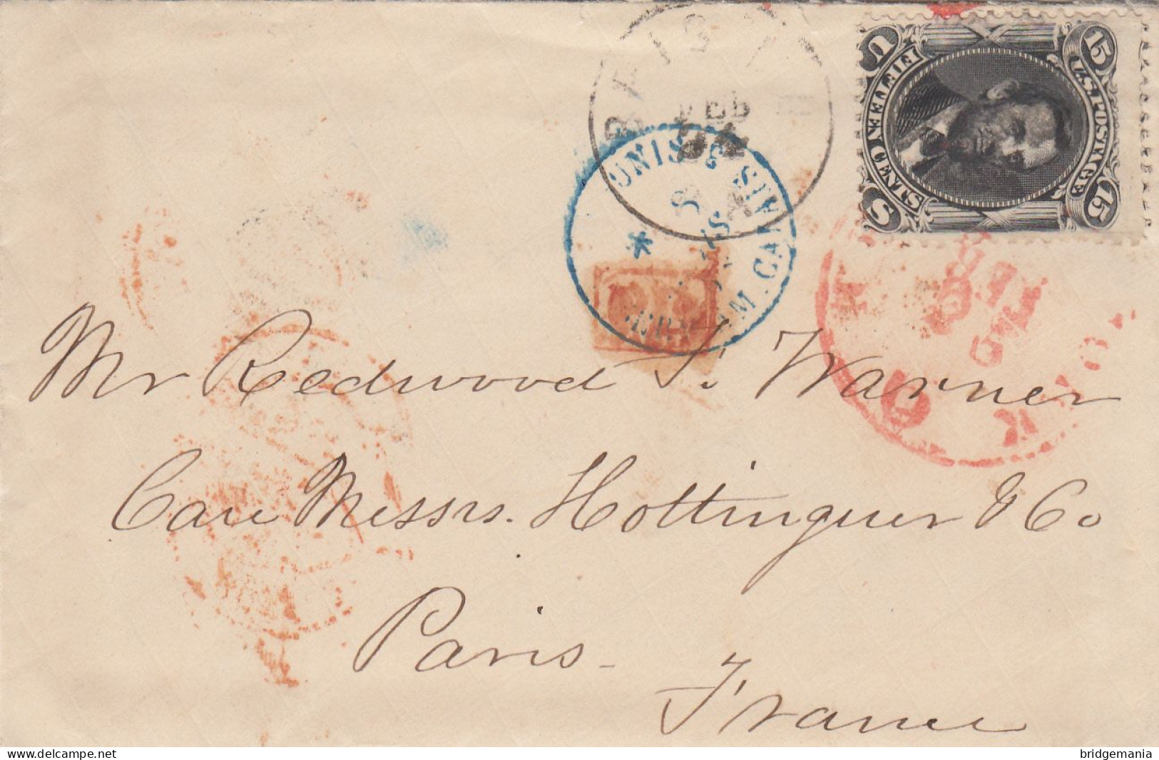 MTM073 - 1868 TRANSATLANTIC LETTER USA TO FRANCE Steamer CIMBRIA - PAID - 15 C. SCOTT 77 - Storia Postale