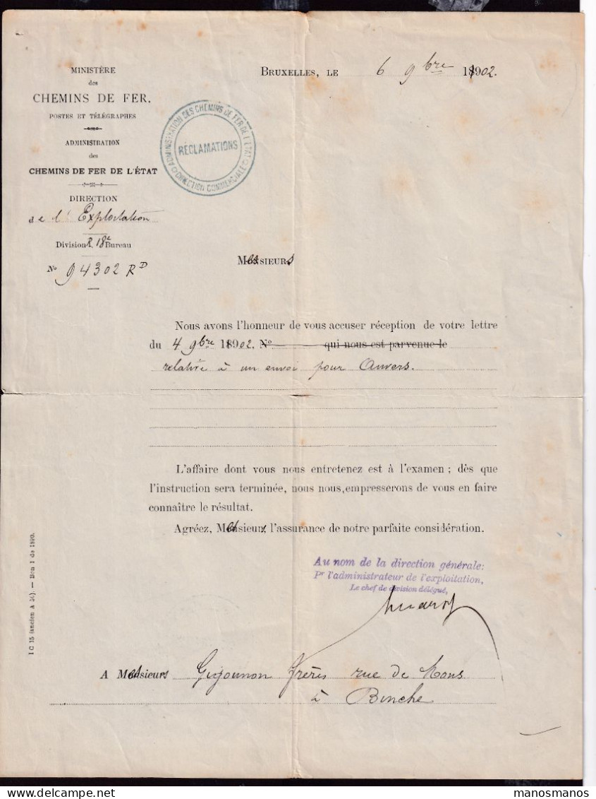 DDFF 779 - Chemins De Fer De L' Etat - Courrier Avec Cachet De La Direction Commerciale - Réclamations 1902 - Sonstige & Ohne Zuordnung