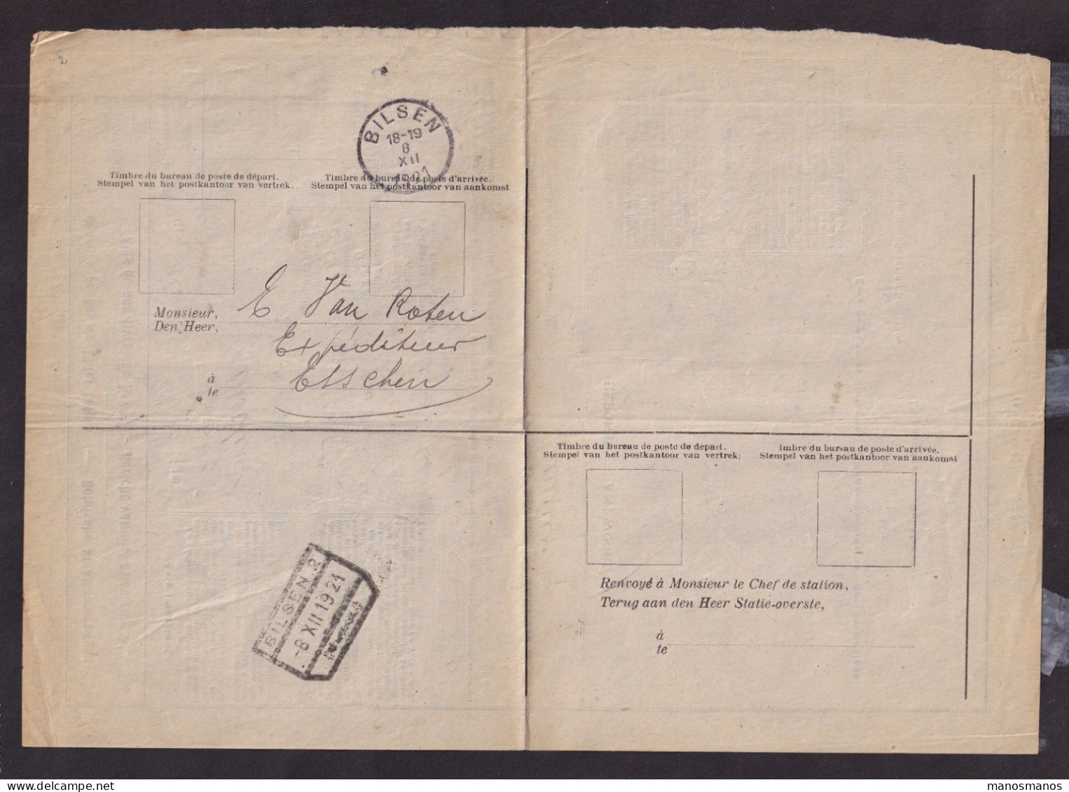 DDFF 780 - Chemins De Fer De L' Etat -  Avis De Non-Livraison De BILSEN 1921 - Cachets Postal Et De Gare - Autres & Non Classés