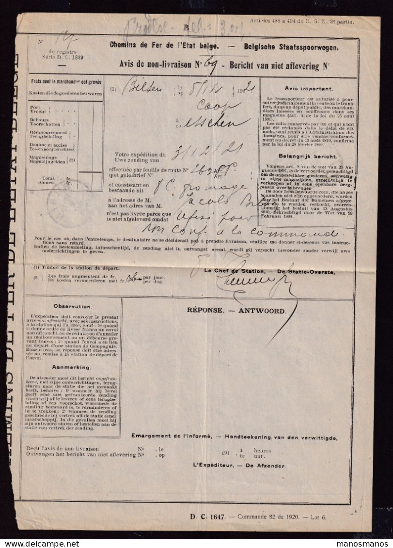 DDFF 780 - Chemins De Fer De L' Etat -  Avis De Non-Livraison De BILSEN 1921 - Cachets Postal Et De Gare - Autres & Non Classés