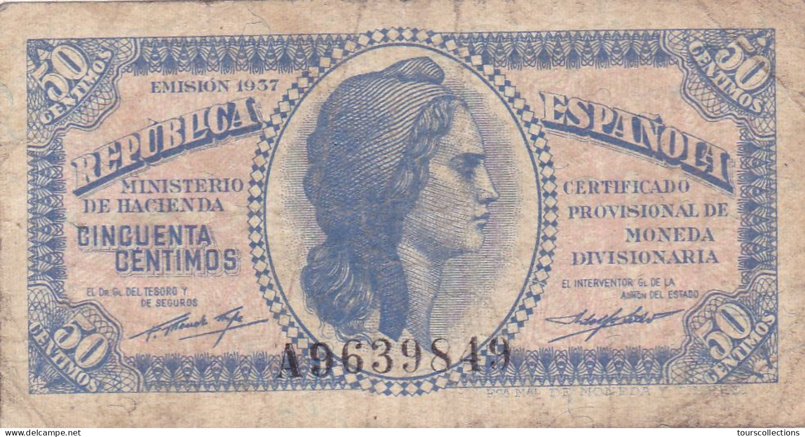 ESPAGNE - ESPAÑA - BILLET 50 Centimos GUERRE CIVILE FRANCO 1937 - Série A 9639849 - 1-2 Pesetas