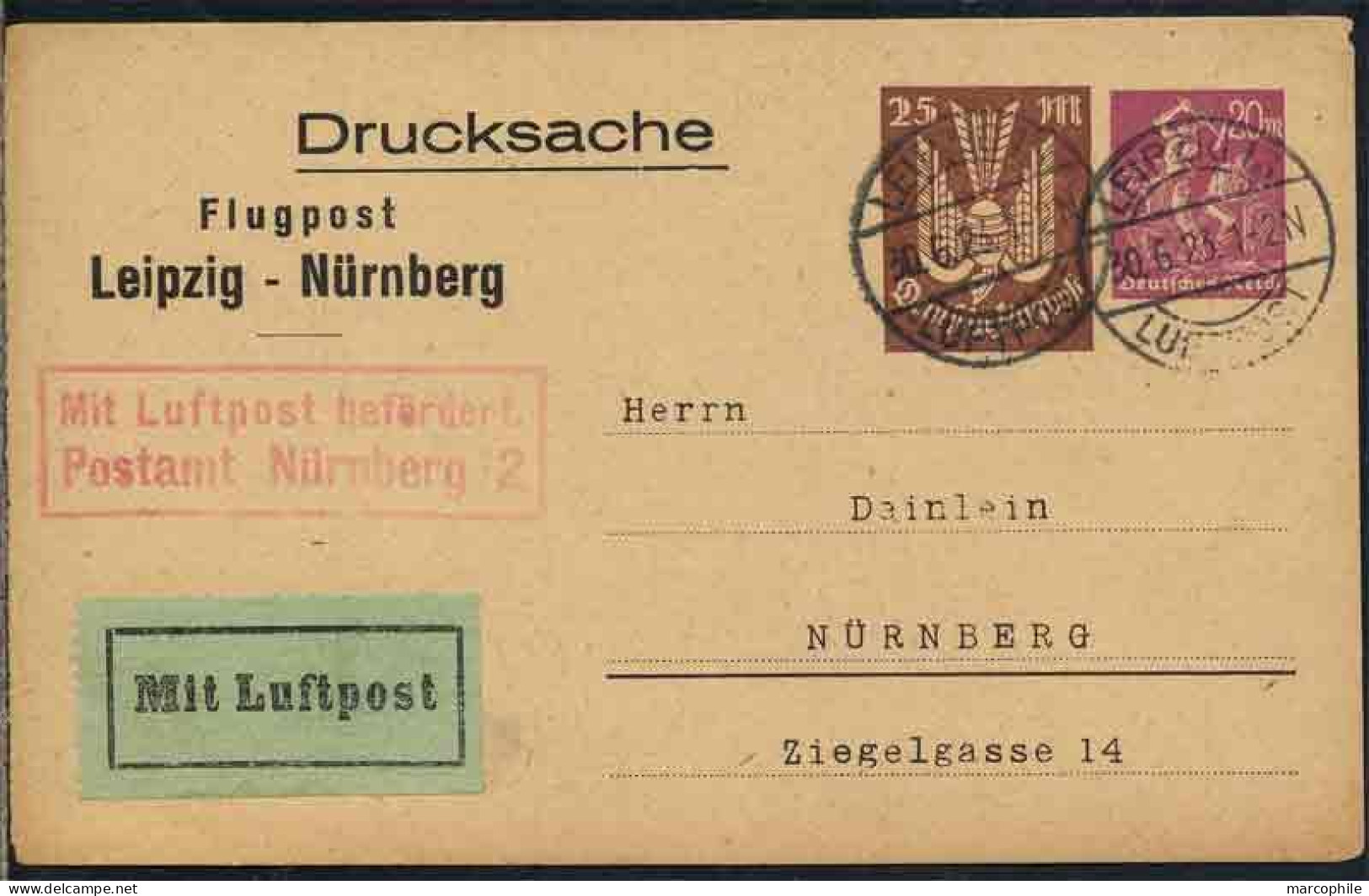 ALLEMAGNE - AVIATION- LEIPZIG  / 1923 ENTIER POSTAL 2 FIGURINES IMPRIMEES TIMBRE SUR COMMANDE ==> NÜRNBERG  (ref 8764d) - Cartoline