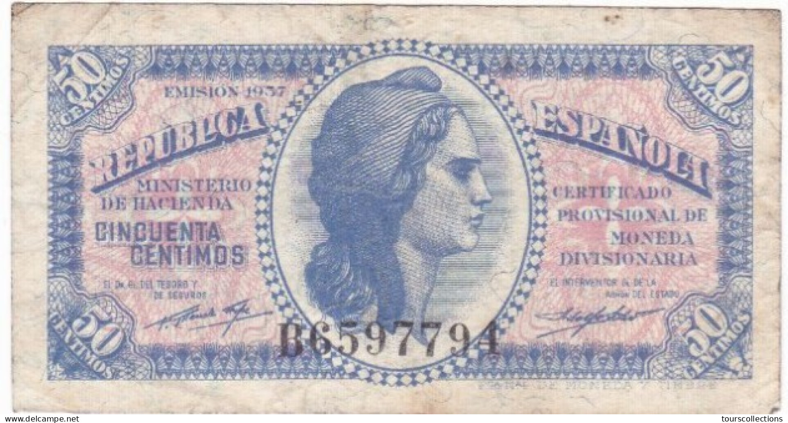 ESPAGNE - ESPAÑA - BILLET 50 Centimos GUERRE CIVILE FRANCO 1937 - Série B 6597794 - 1-2 Pesetas