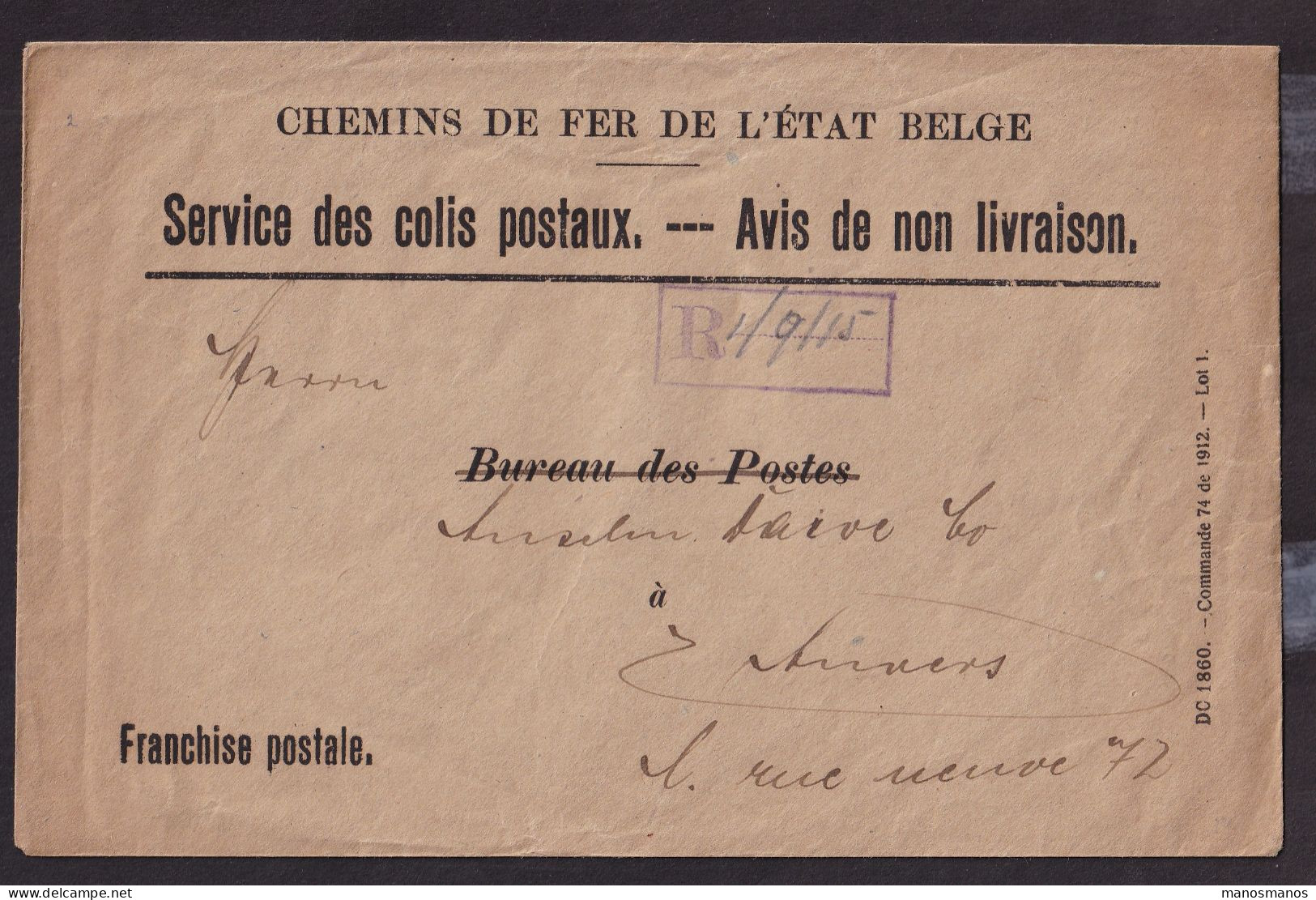 DDFF 782 - Chemins De Fer De L' Etat - Enveloppe De Service Des Colis Postaux - Avis De Non-Livraison 1915 - Andere & Zonder Classificatie