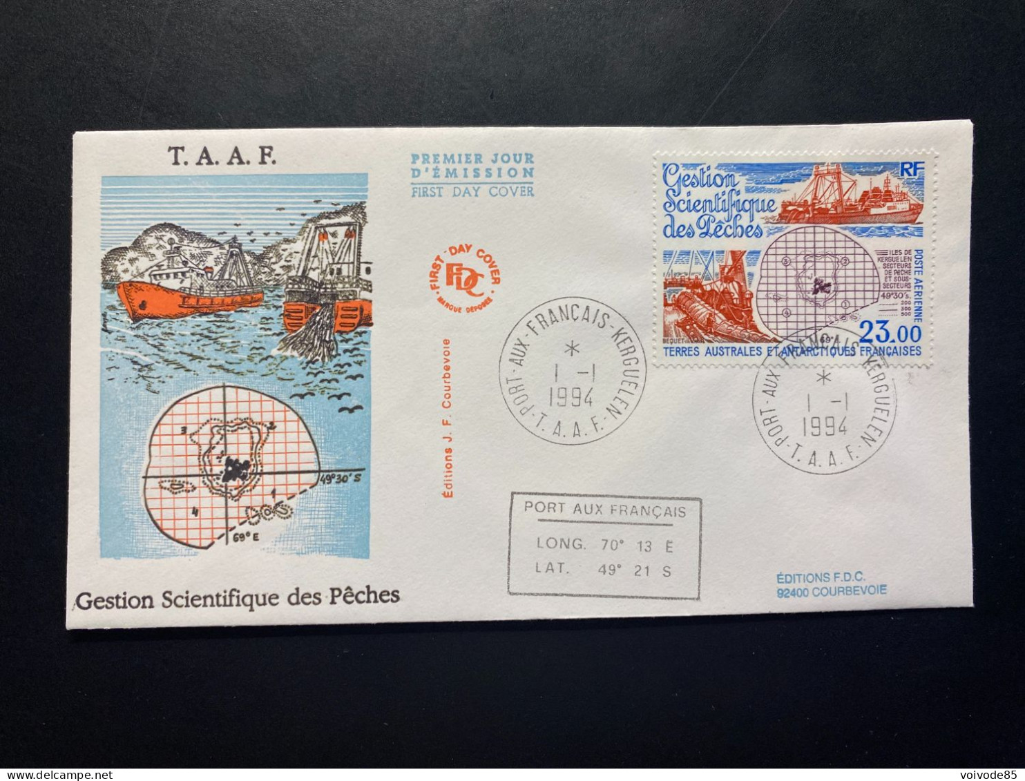 Enveloppe 1er Jour "Gestion Scientifique Des Pêches" 01/01/1994 - PA130 - TAAF - Iles Kerguelen - Bateaux - Chalutiers - FDC