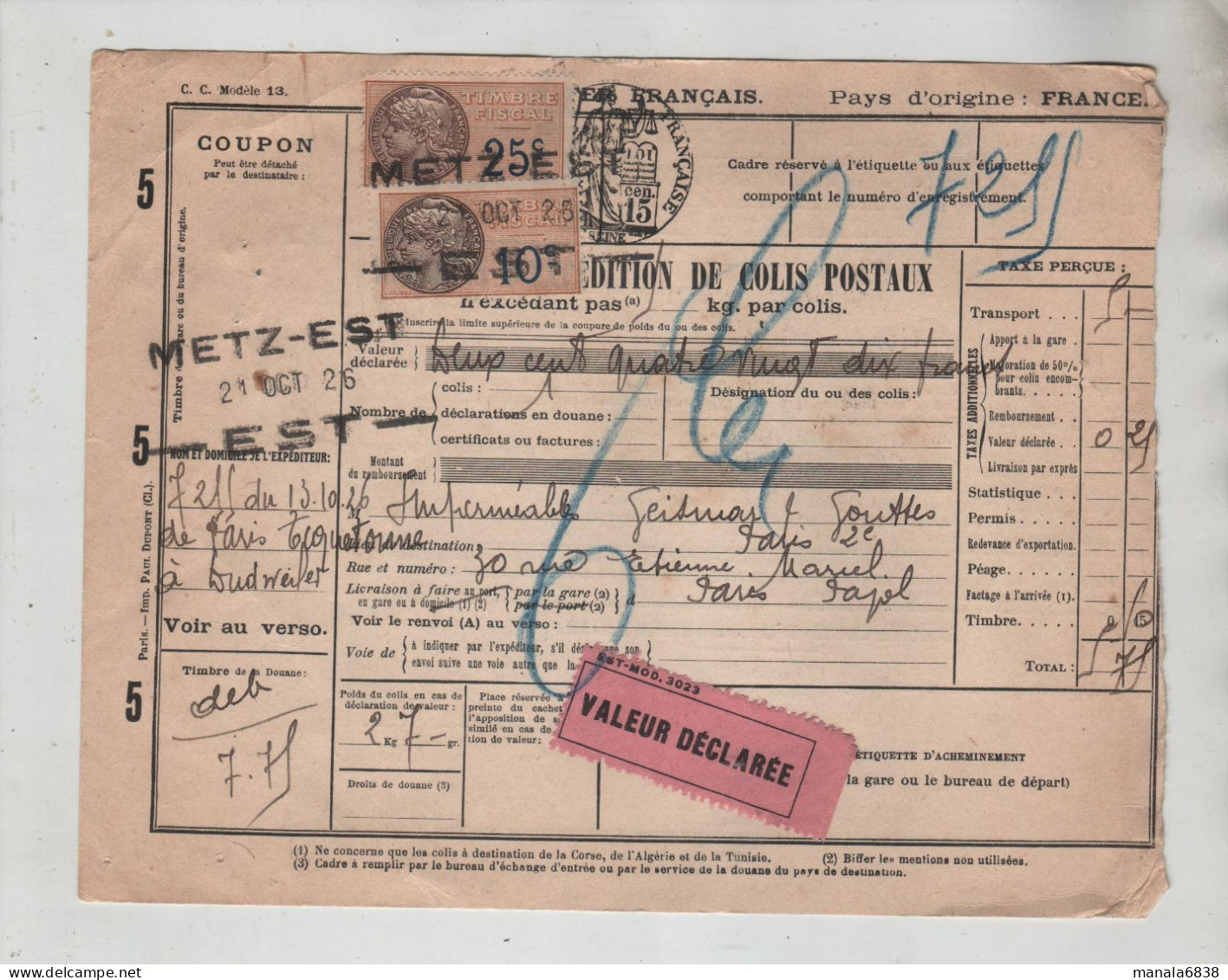Metz Est Imperméable Paris Dudweiler  1926 à Identifier - Other & Unclassified