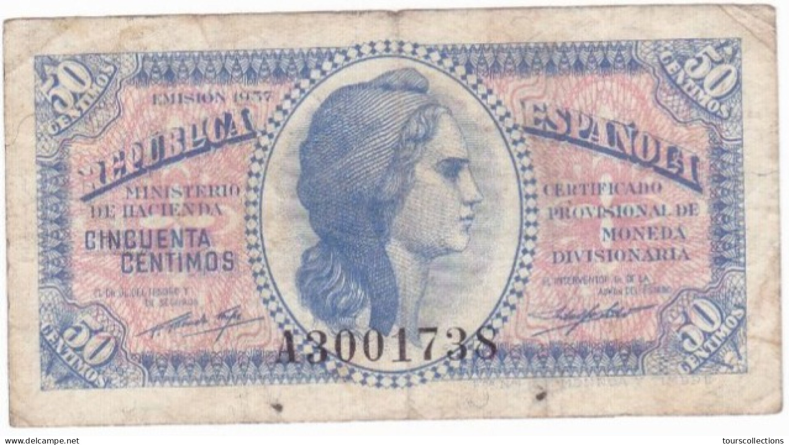 ESPAGNE - ESPAÑA - BILLET 50 Centimos GUERRE CIVILE FRANCO 1937 - Série A 3001738 - 1-2 Pesetas