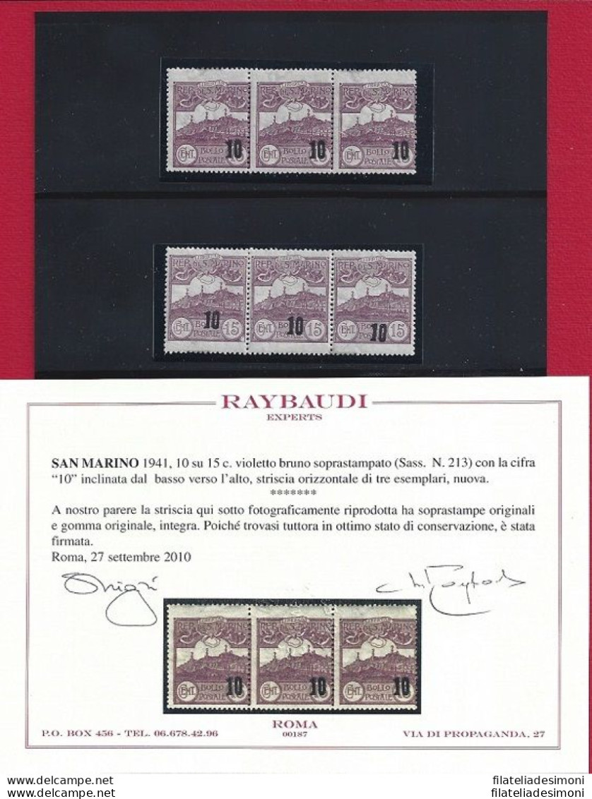 1941 SAN MARINO, N° 213b  Strisce Di Tre  MNH/** VARIETA'  Cert. Raybaudi - Variétés Et Curiosités