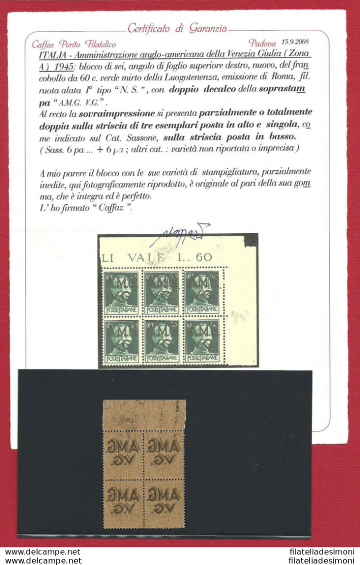 1945 VENEZIA GIULIA AMG VG, N° 6fb 60 C. Verde Mirto MNH/** VARIETA' COPPIA - Altri & Non Classificati