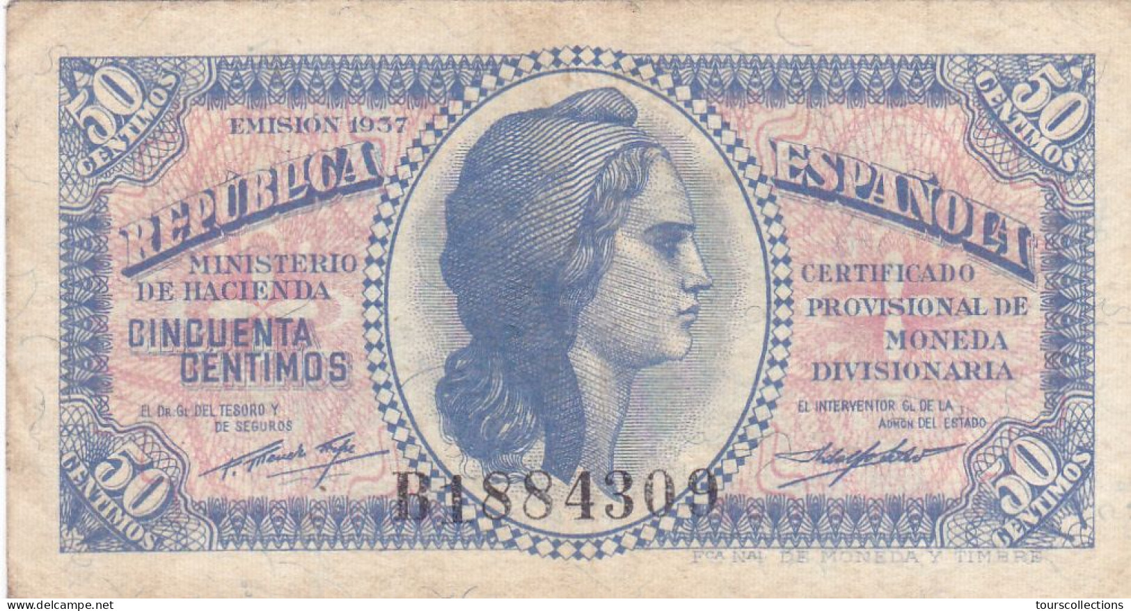 ESPAGNE - ESPAÑA - BILLET 50 Centimos GUERRE CIVILE FRANCO 1937 - Série B 1884309 - 1-2 Peseten