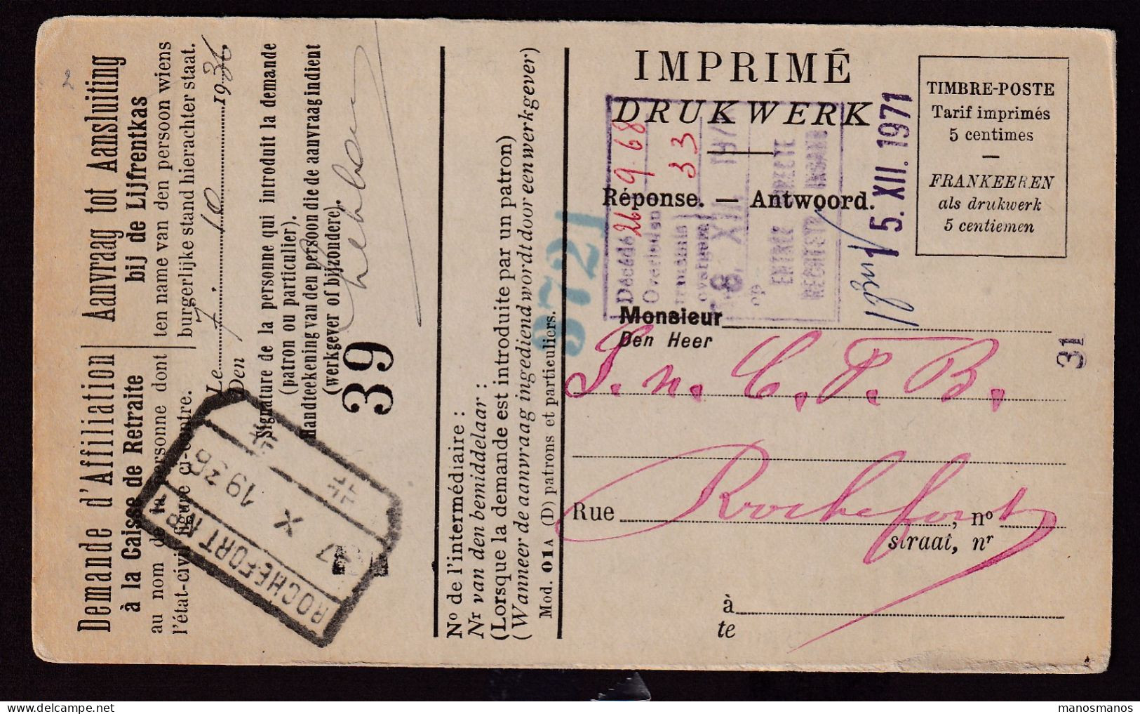 DDFF 783 - Chemins De Fer De L' Etat - Cachet De Gare De ROCHEFORT 1936 Sur Carte CGER -  Verso Commune De WAHA - Altri & Non Classificati