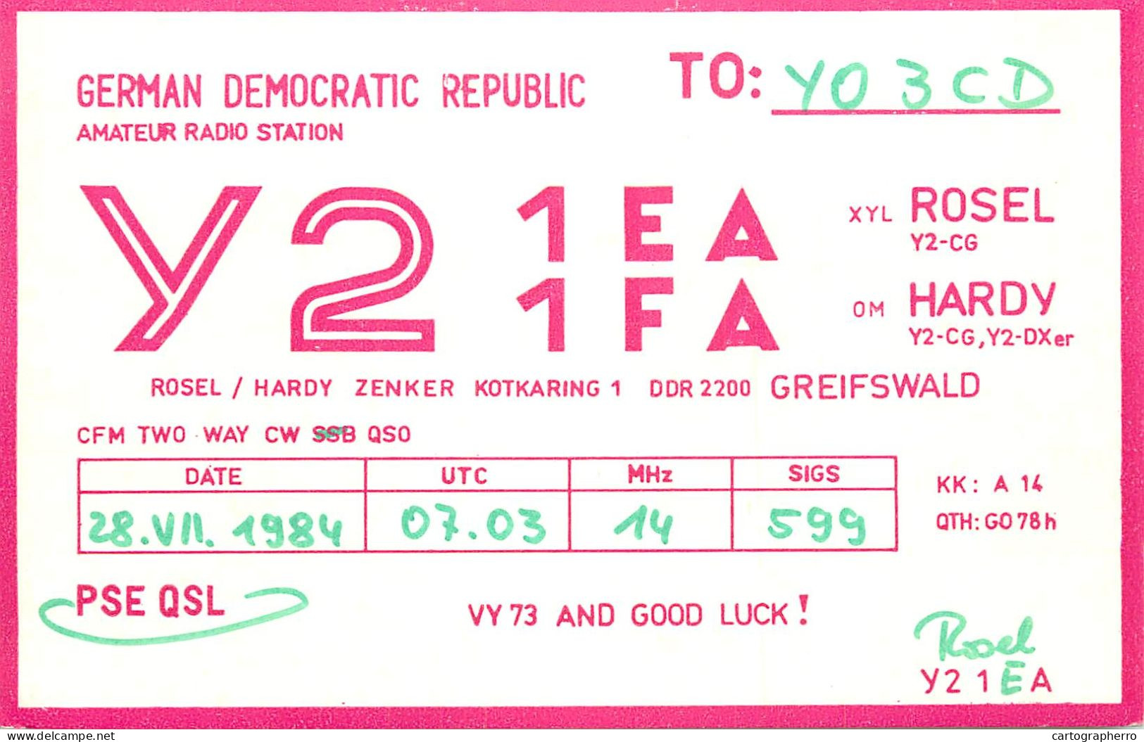 German Democratic Republic Radio Amateur QSL Card Y03CD Y21EA 1984 - Radio Amatoriale
