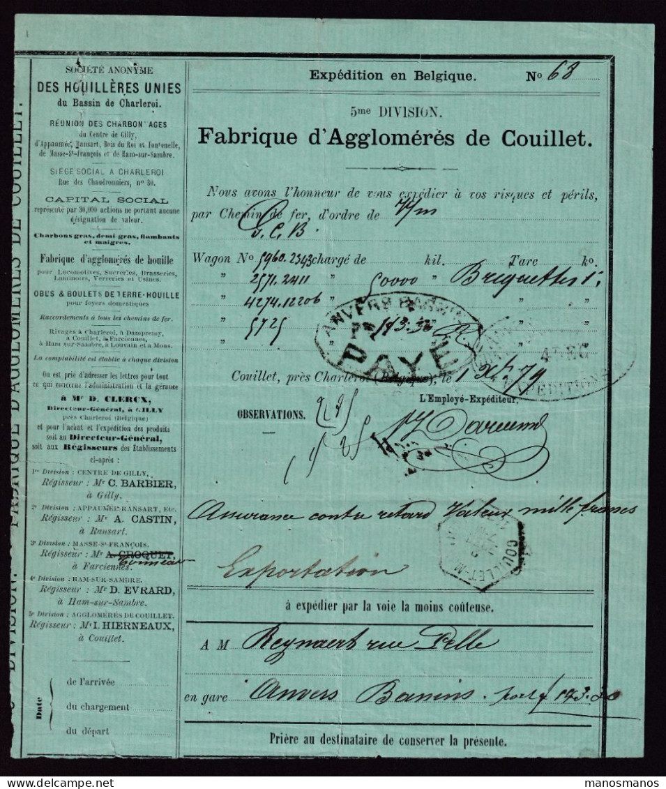 DDFF 784 - Chemins De Fer De L' Etat - Lettre De Voiture Cachet De Gare Hexagonal COUILLET-MONTIGNY 1879 (RARE) - Altri & Non Classificati