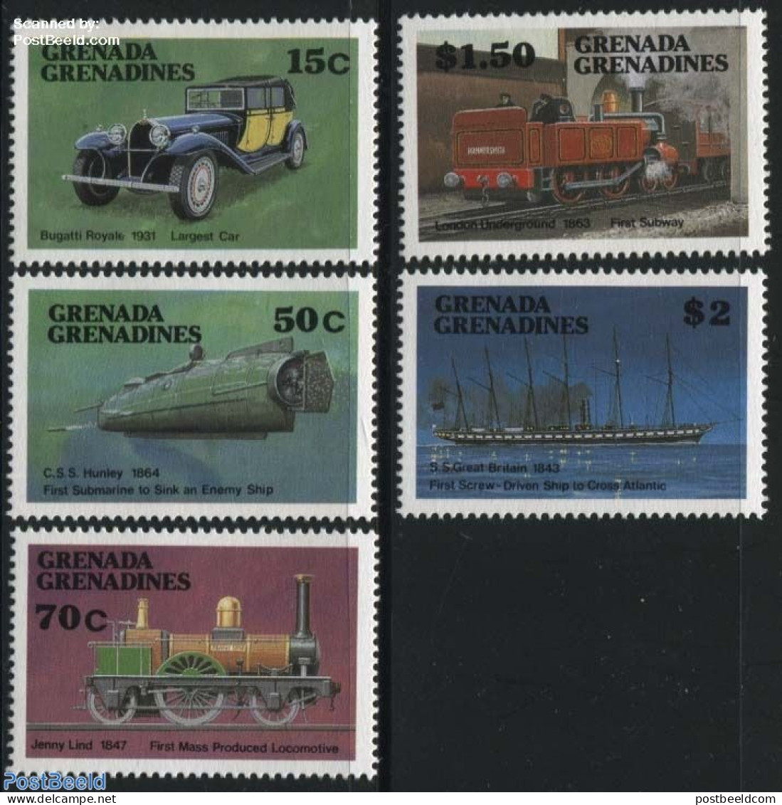 Grenada Grenadines 1987 Historic Traffic 5v, Mint NH, Transport - Automobiles - Railways - Ships And Boats - Auto's