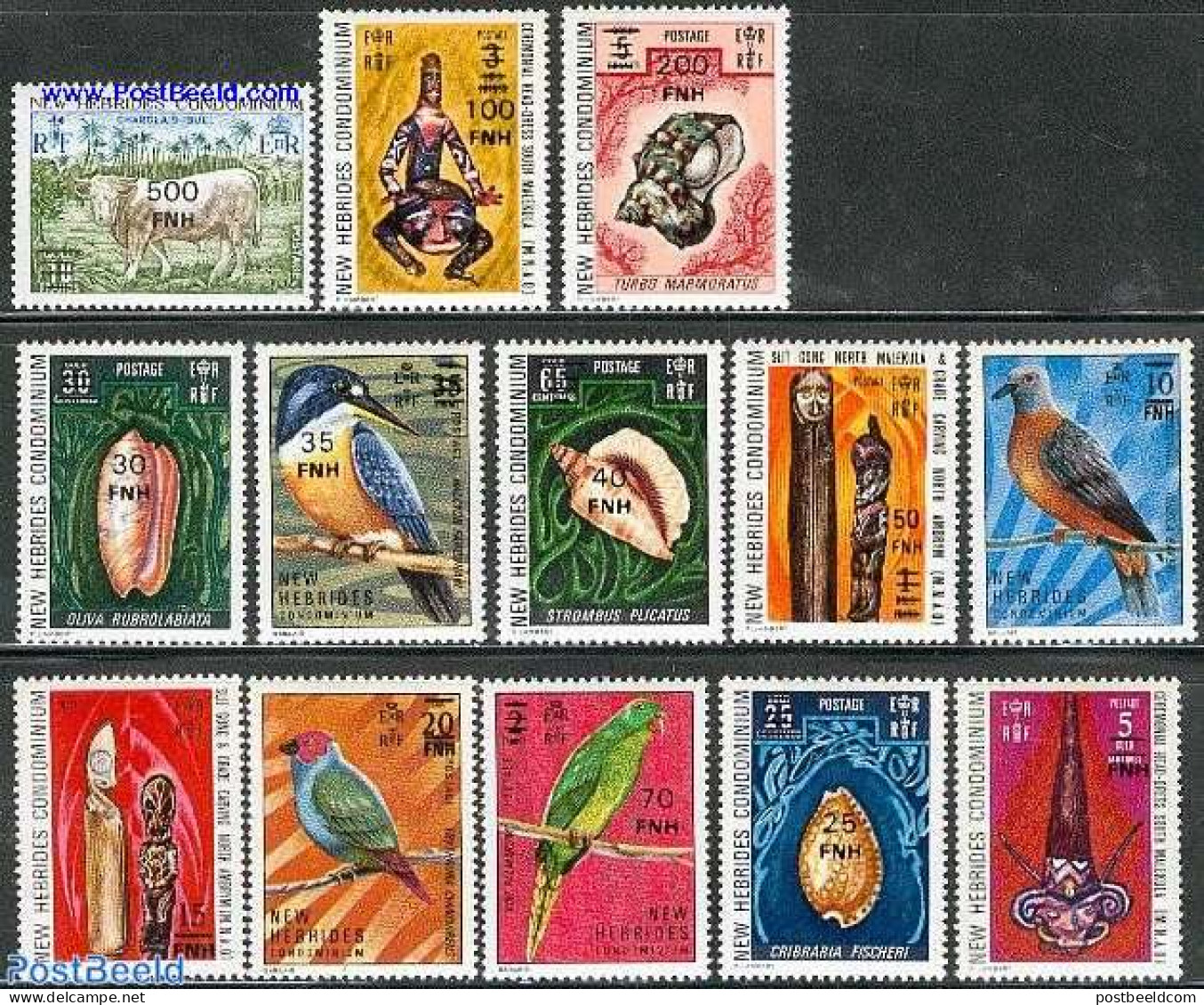 New Hebrides 1977 Overprints 13v E, Mint NH, Nature - Birds - Cattle - Shells & Crustaceans - Kingfishers - Pigeons - Nuevos
