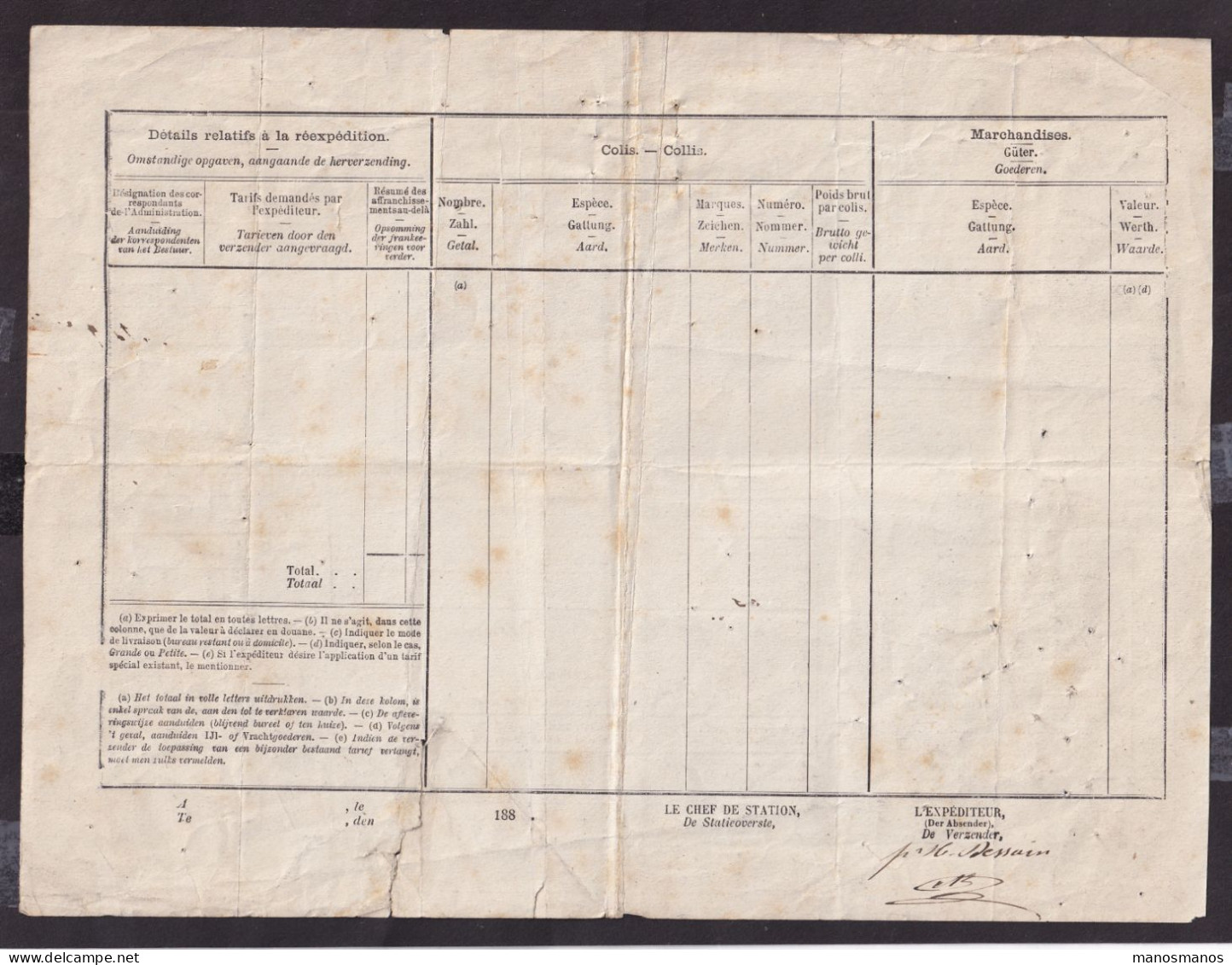 DDFF 785 - Chemins De Fer De L' Etat - Lettre De Voiture Cachet De Gare Hexagonal MALINES 1883 - Fiscaux Français - Autres & Non Classés