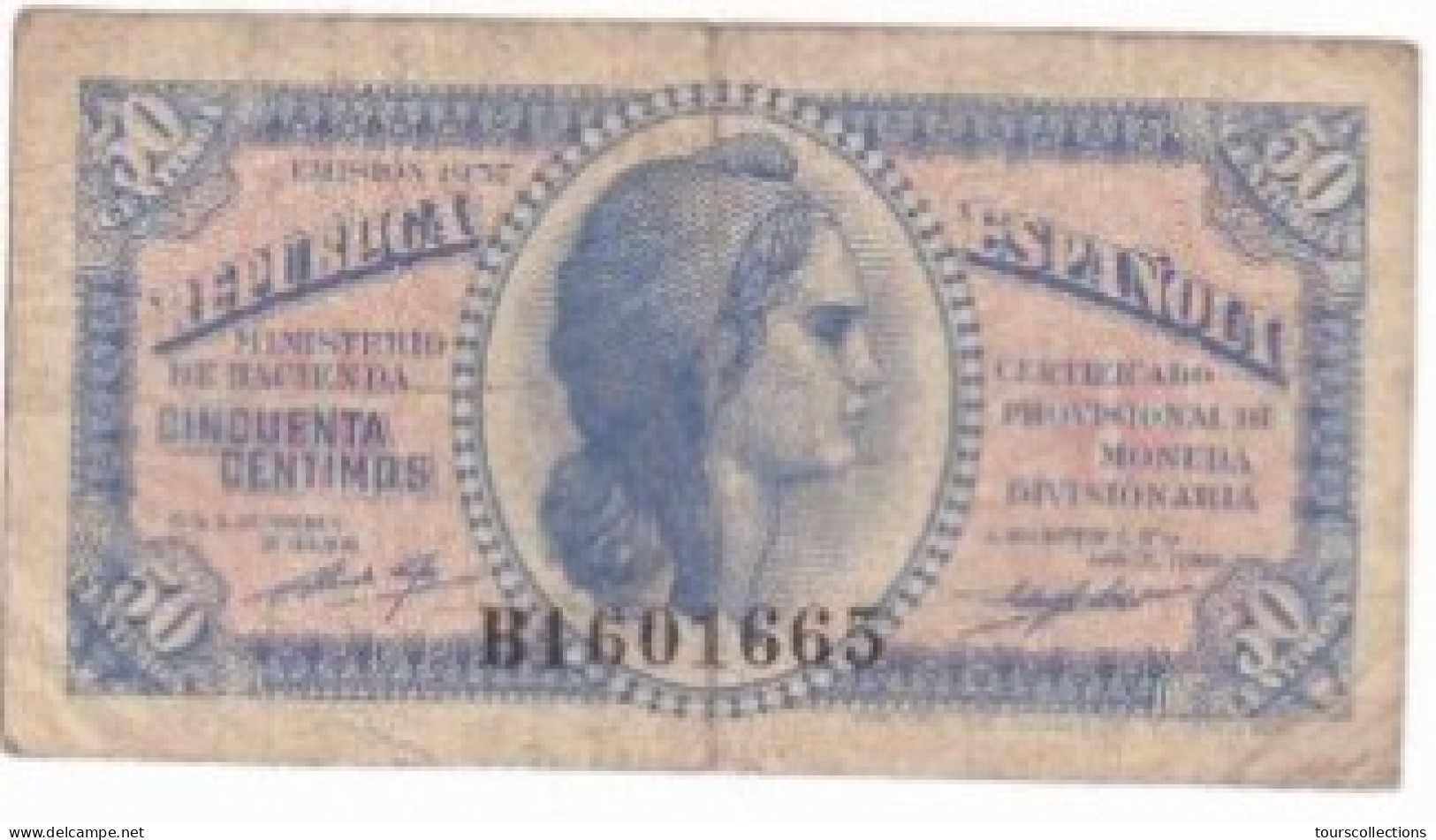 ESPAGNE - ESPAÑA - BILLET 50 Centimos GUERRE CIVILE FRANCO 1937 - Série B 1601665 - 1-2 Peseten