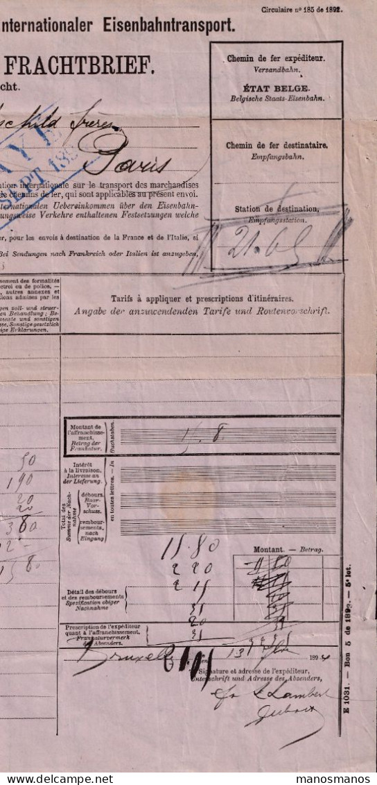 DDFF 786 - Chemins De Fer De L' Etat - Lettre De Voiture Cachet De Gare IXELLES 1894 Vers De Rotschild Frères à PARIS - Other & Unclassified