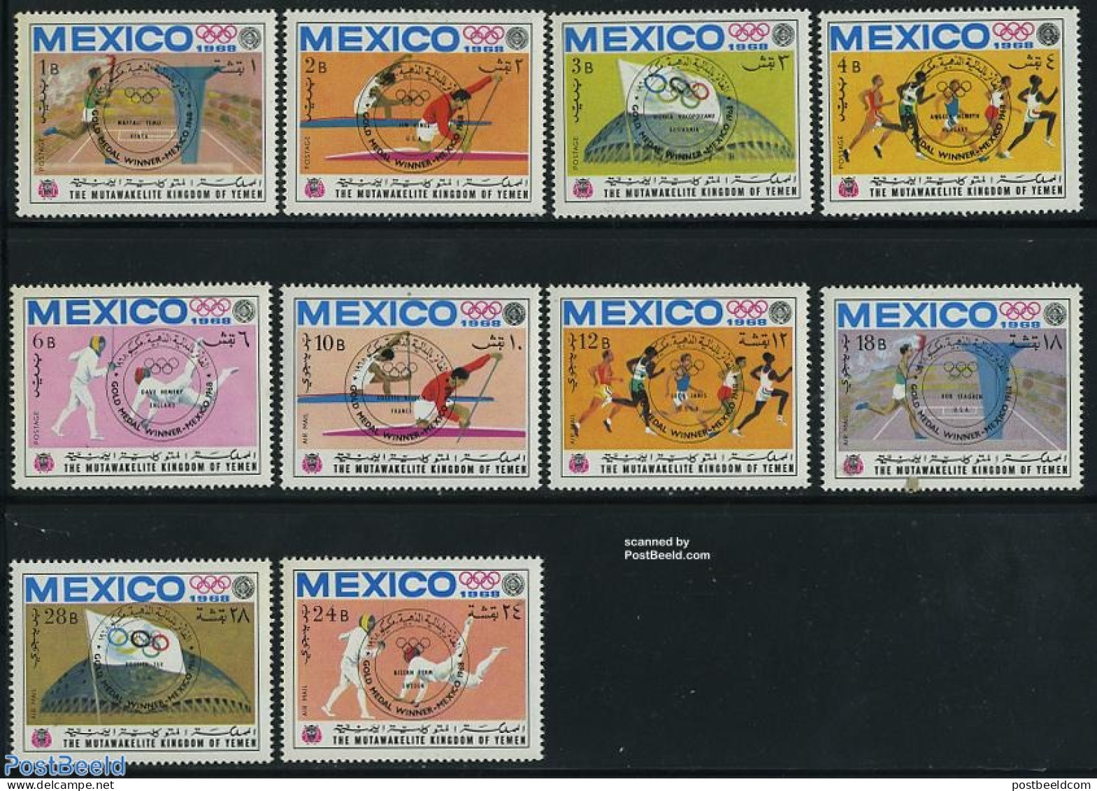 Yemen, Kingdom 1968 Olympic Winners 10v, Overprints, Mint NH, Sport - Fencing - Kayaks & Rowing - Olympic Games - Fencing