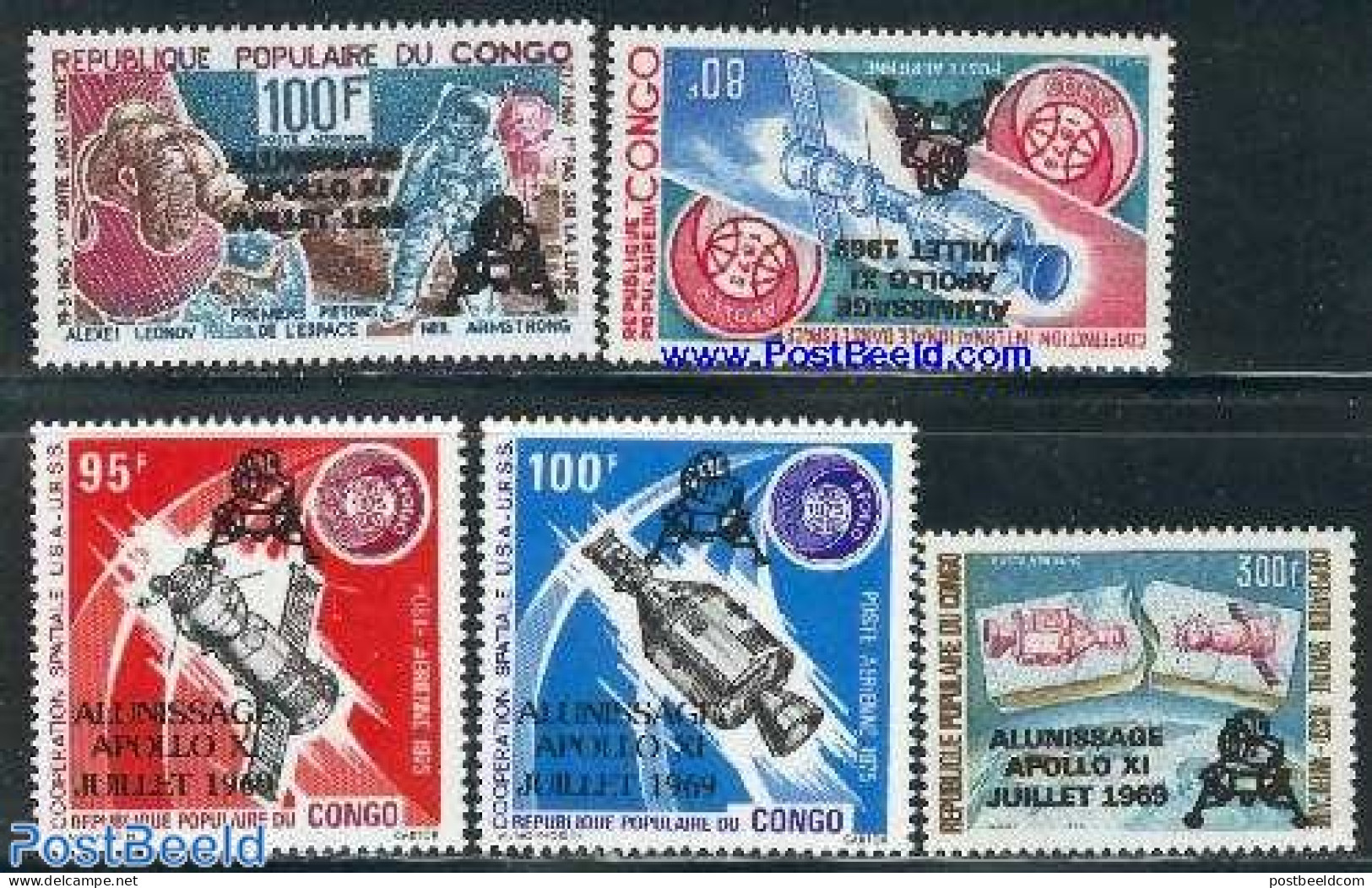 Congo Republic 1979 Apollo 11 Moonlanding Overprints 5v, Mint NH, Transport - Space Exploration - Altri & Non Classificati