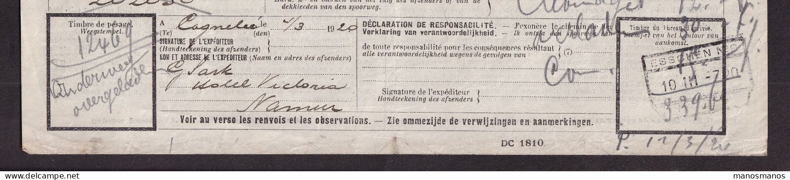 DDFF 787 - Chemins De Fer De L' Etat - Lettre De Voiture Cachet Postal (FORTUNE) De COGNELEE 1920 Vers ESSCHEN - Otros & Sin Clasificación