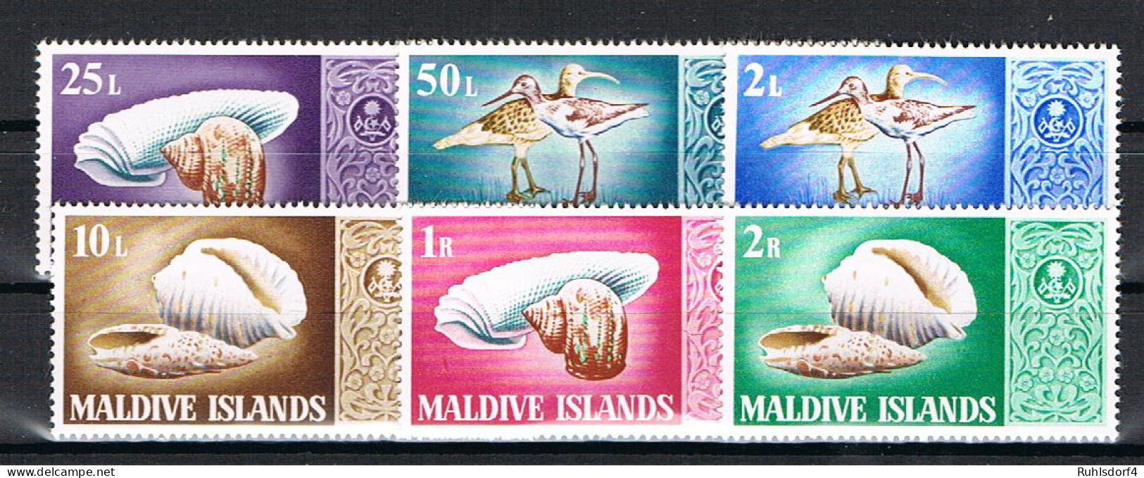 Malediven: Muscheln Und Vögel; Satz 6 Werte - Schalentiere