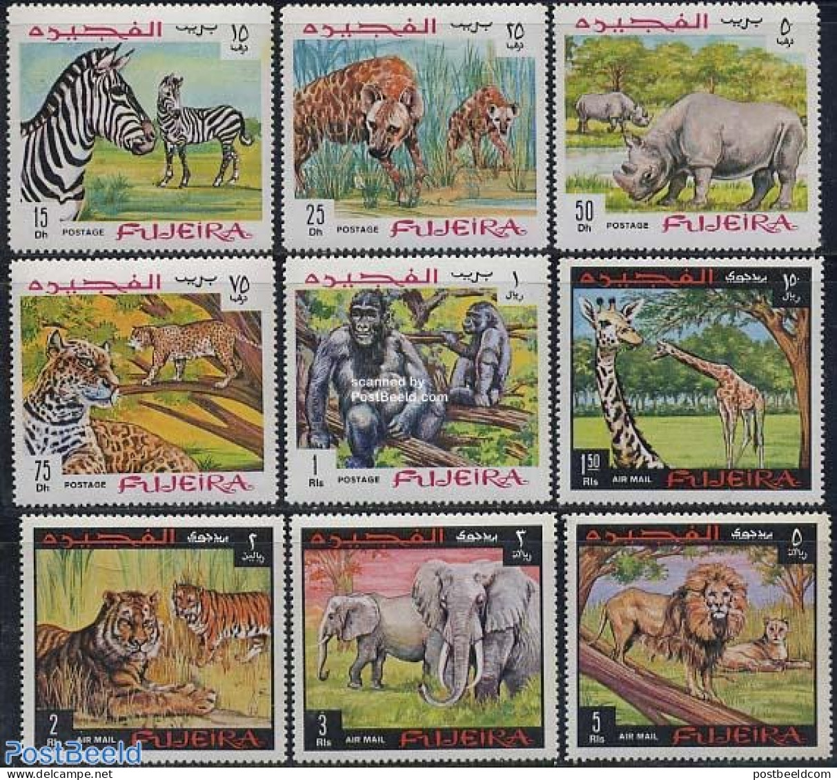 Fujeira 1969 African Wildlife 9v, Mint NH, Nature - Animals (others & Mixed) - Cat Family - Elephants - Giraffe - Rhin.. - Fudschaira