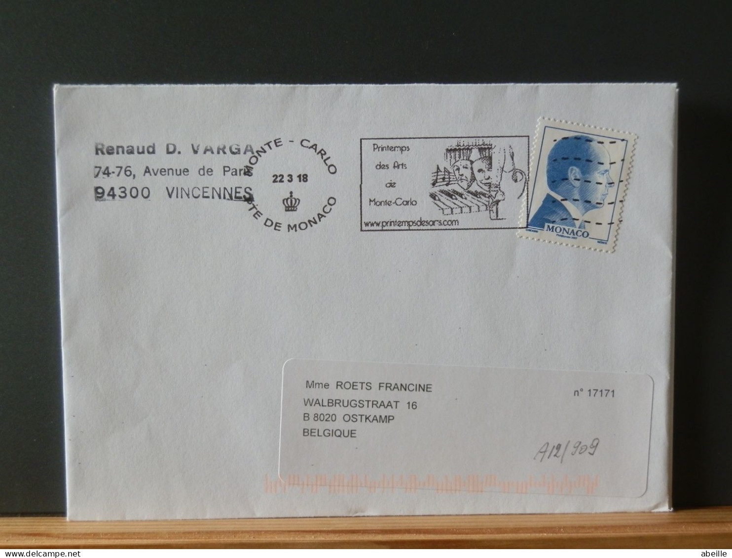 A12/909  LETTRE MONACO POUR LA BELG. 2018 - Lettres & Documents