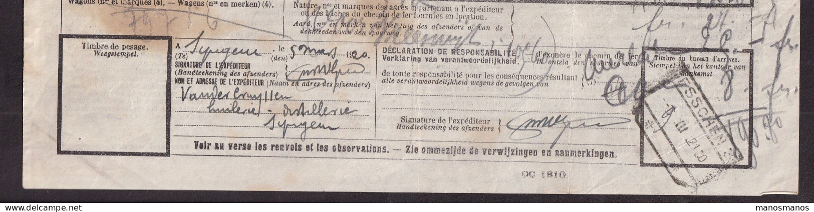 DDFF 788 - Chemins De Fer De L' Etat - Lettre De Voiture Cachet De Gare SYNGHEM 1920 - Exp.Vander Cruyssen , Distillerie - Autres & Non Classés