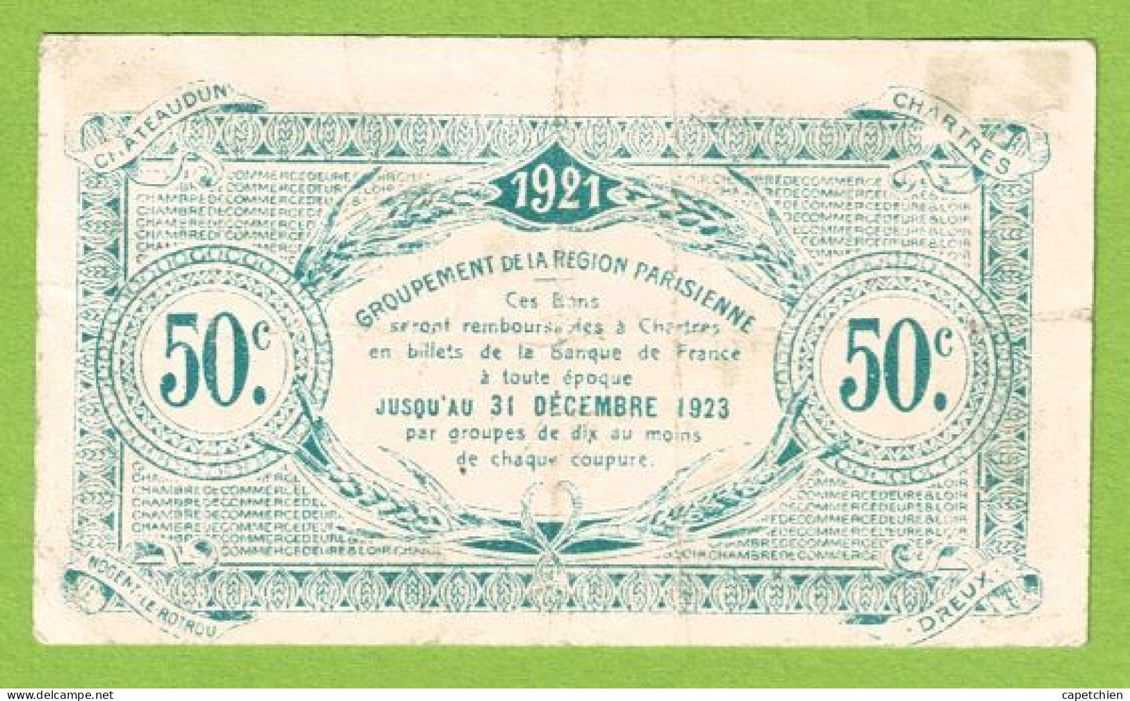 FRANCE / EURE & LOIR / 50 CENTIMES /  JANVIER 1921  / 5ème EMISSION / PAS DE NUMERO - Chamber Of Commerce