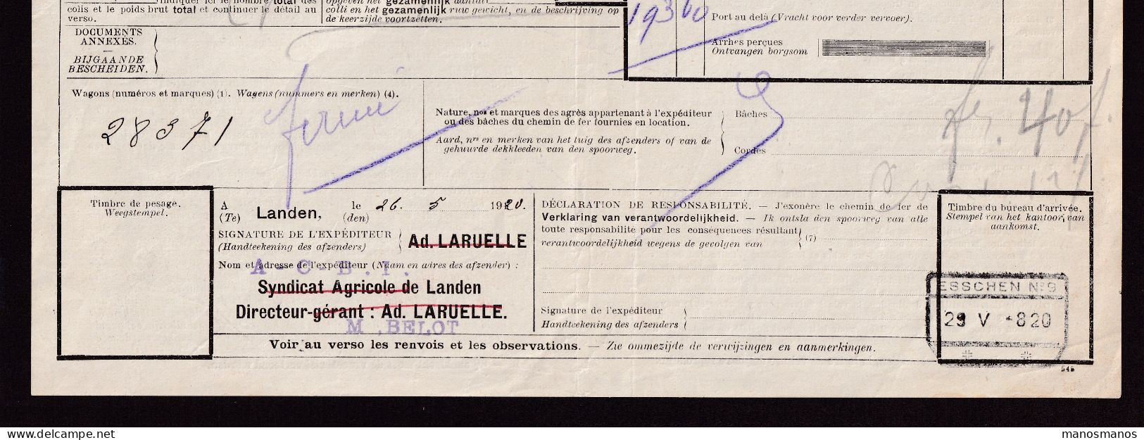 DDFF 789 - Chemins De Fer De L' Etat - Lettre De Voiture Cachet De Gare LANDEN 1920 - Exp.Syndicat Agricole , Belot - Autres & Non Classés