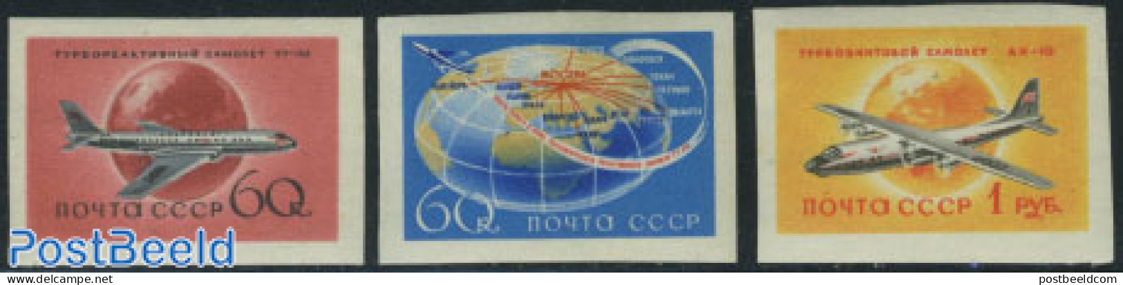 Russia, Soviet Union 1958 Aeroplanes 3v Imperforated, Mint NH, Transport - Various - Aircraft & Aviation - Maps - Unused Stamps
