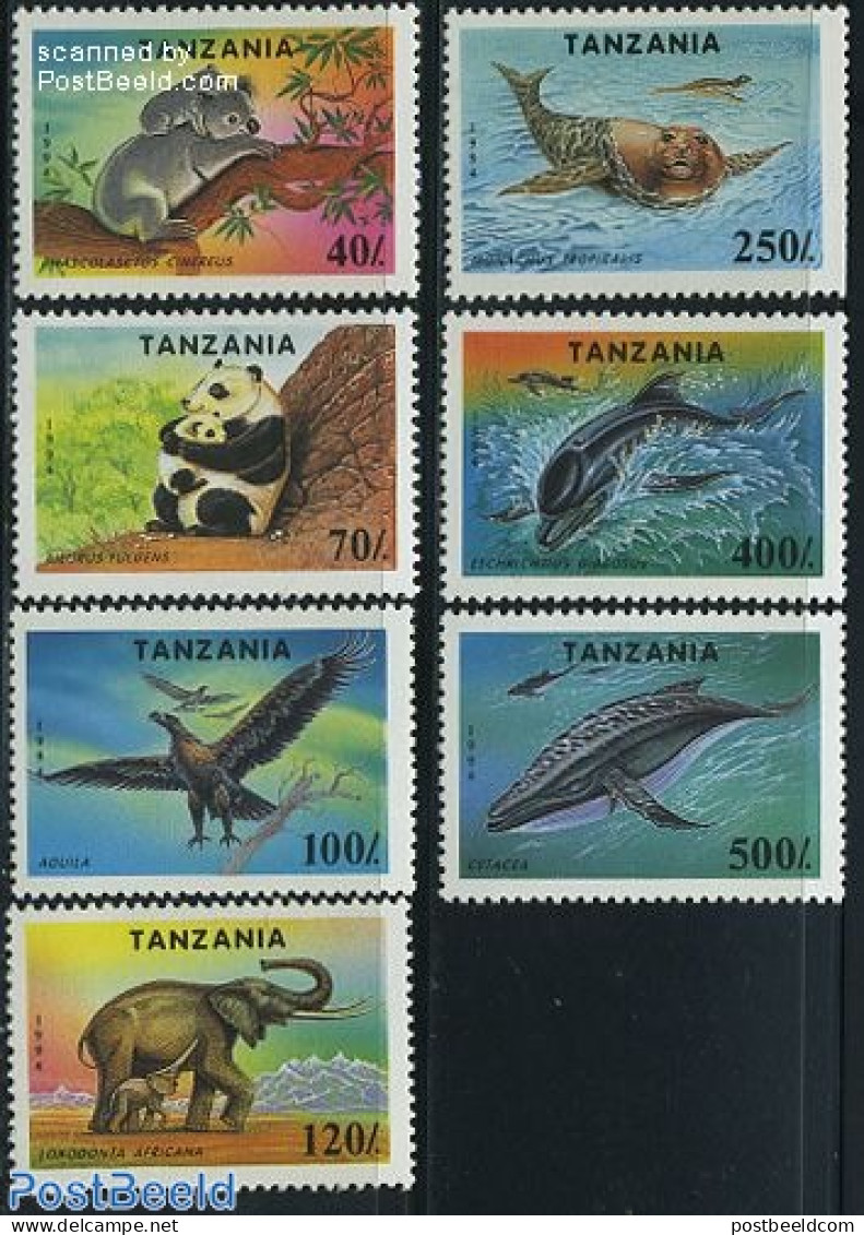 Tanzania 1994 Protected Animals 7v, Mint NH, Nature - Animals (others & Mixed) - Elephants - Sea Mammals - Pandas - Tanzania (1964-...)