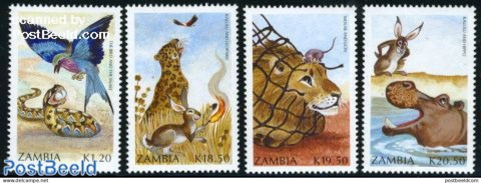 Zambia 1991 Int. Year Of Illiteracy 4v, Mint NH, Nature - Animals (others & Mixed) - Birds - Hippopotamus - Rabbits / .. - Fairy Tales, Popular Stories & Legends