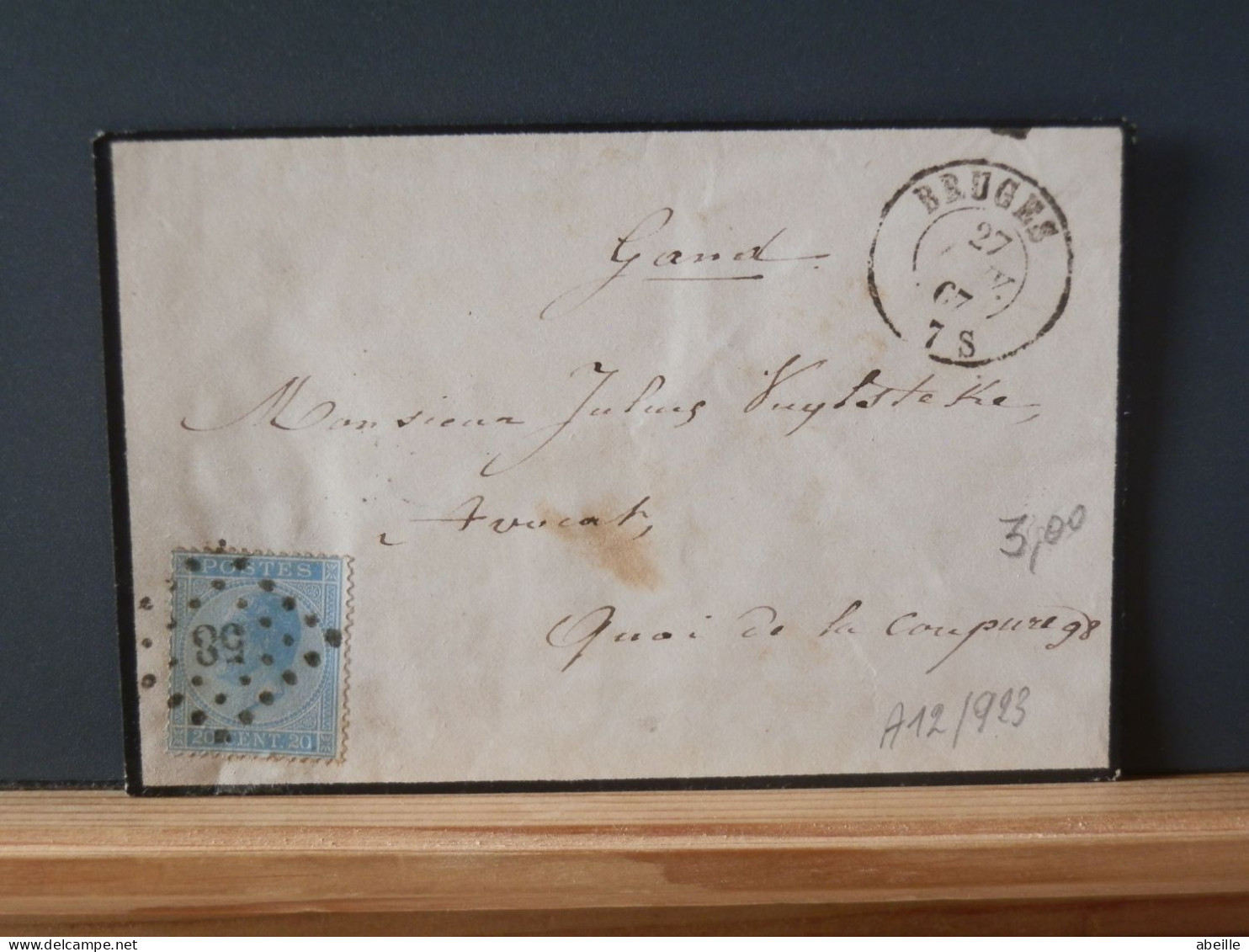 A12/923    LETTRE  BELGE OBL. NR. 58 CACHET BRUGGE 7S POUR GAND 1867 - 1865-1866 Profil Gauche