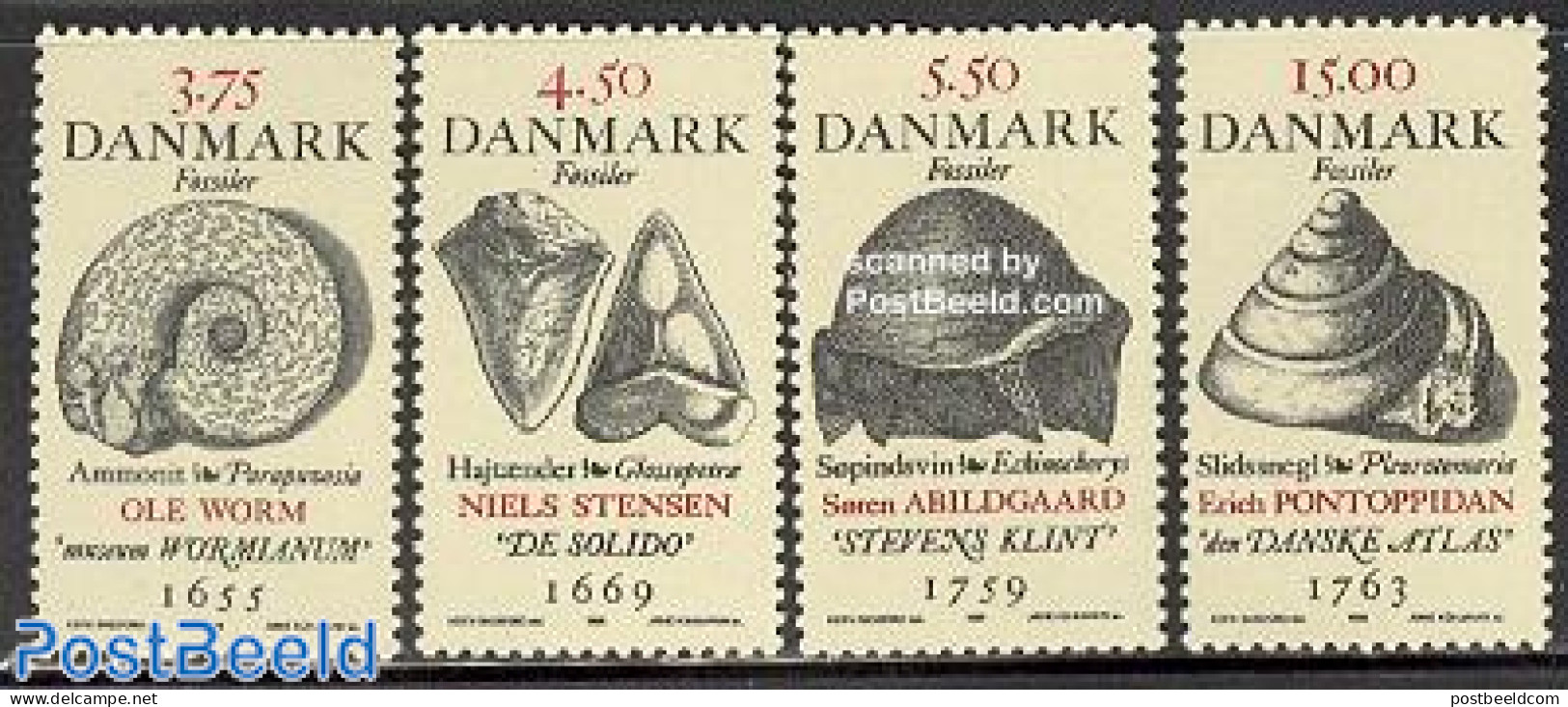 Denmark 1998 Fossiles 4v, Mint NH, History - Nature - Geology - Prehistoric Animals - Shells & Crustaceans - Neufs
